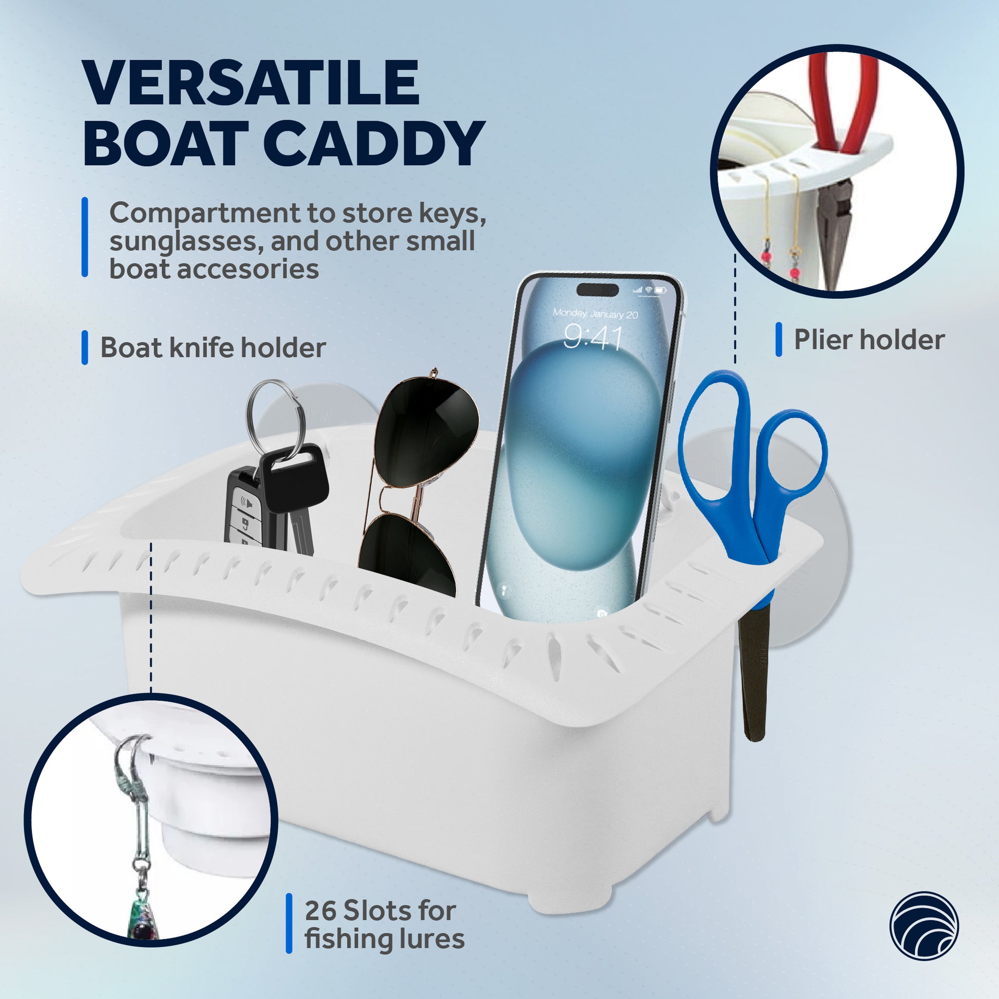 Boat Caddy Organizer with Drainage, Knife, Plier & 26 Lure Holders, White - FO4786 - Five Oceans