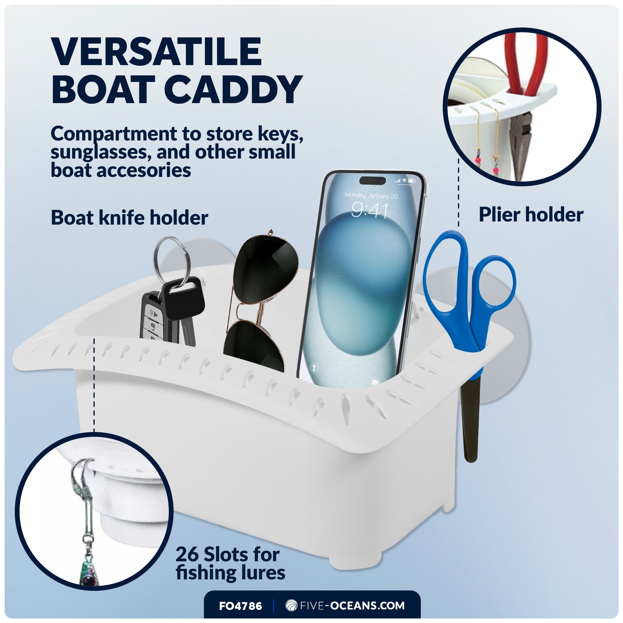 Boat Storage Caddy Organizer with Drainage, Knife, Plier & 26 Lure Holders, White - FO4786 - Five Oceans