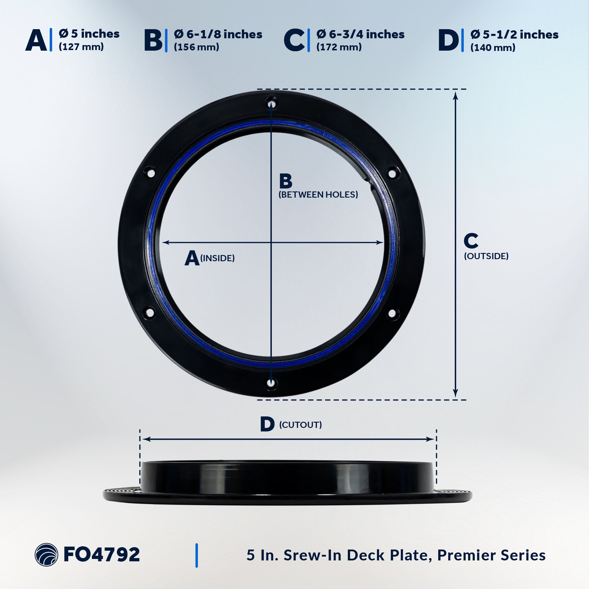 5" Boat Round Deck Plate, Black  - FO4792 - Five Oceans