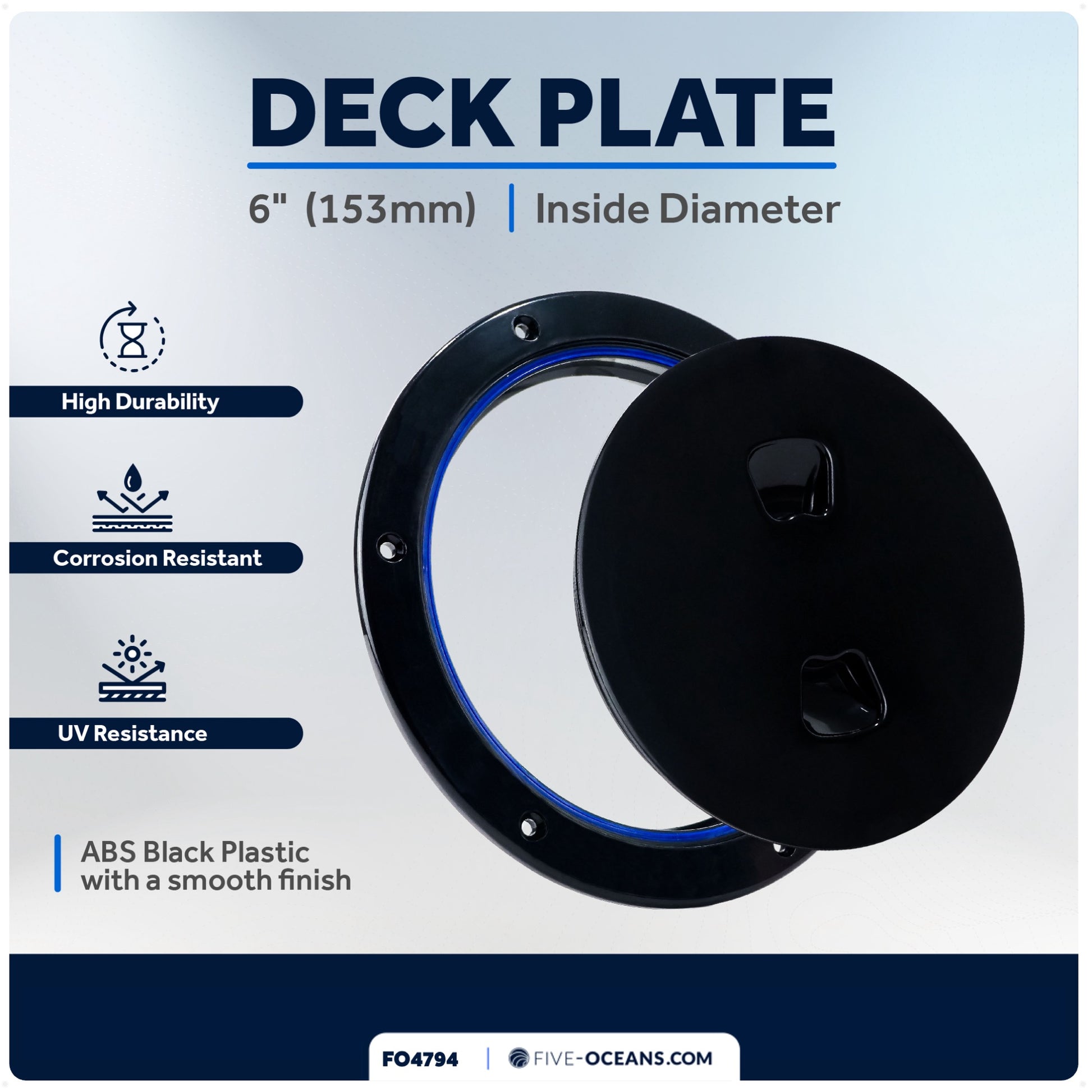 6" Boat Round Deck Plate, Black  - FO4794 - Five Oceans