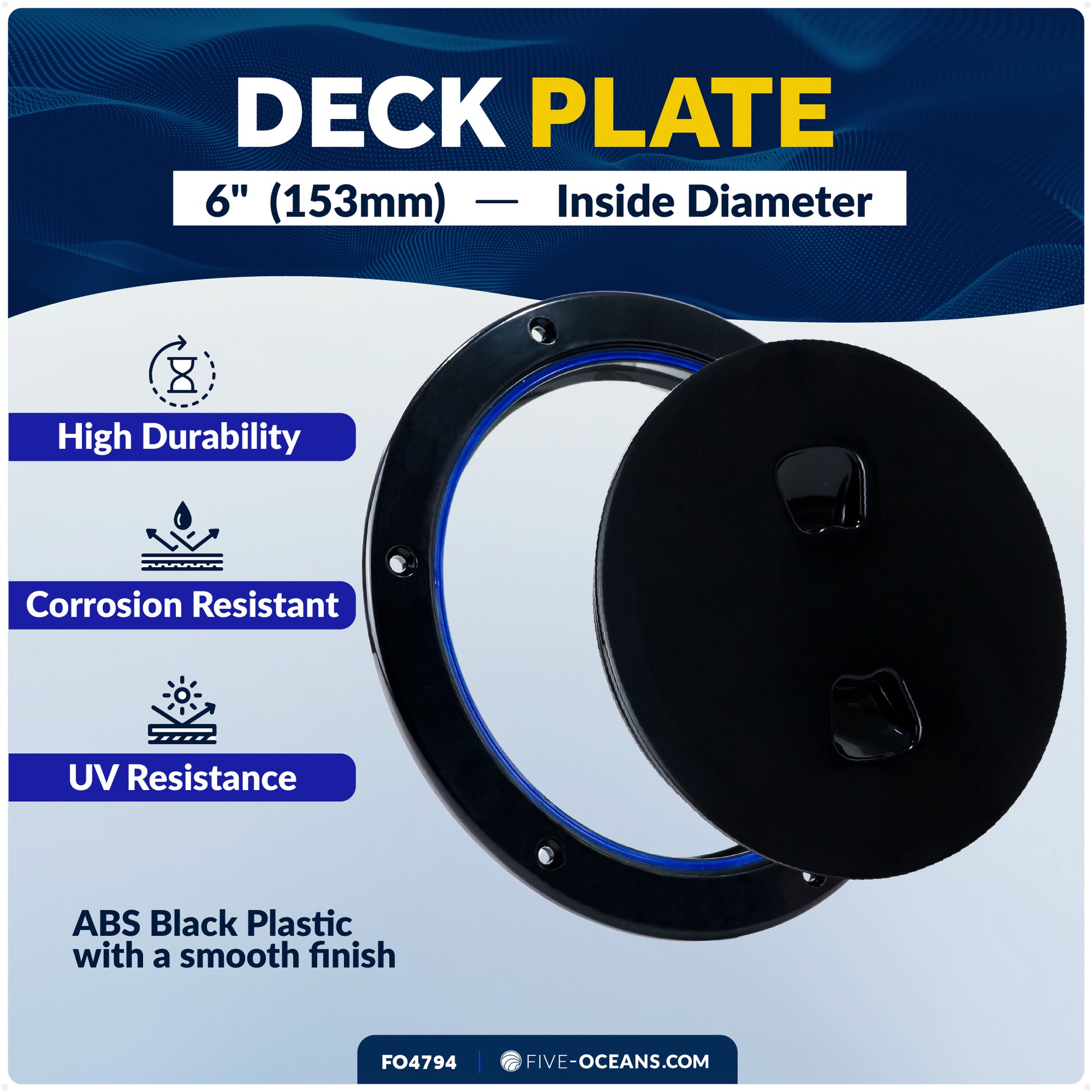6" Boat Round Deck Plate, Black  - FO4794 - Five Oceans