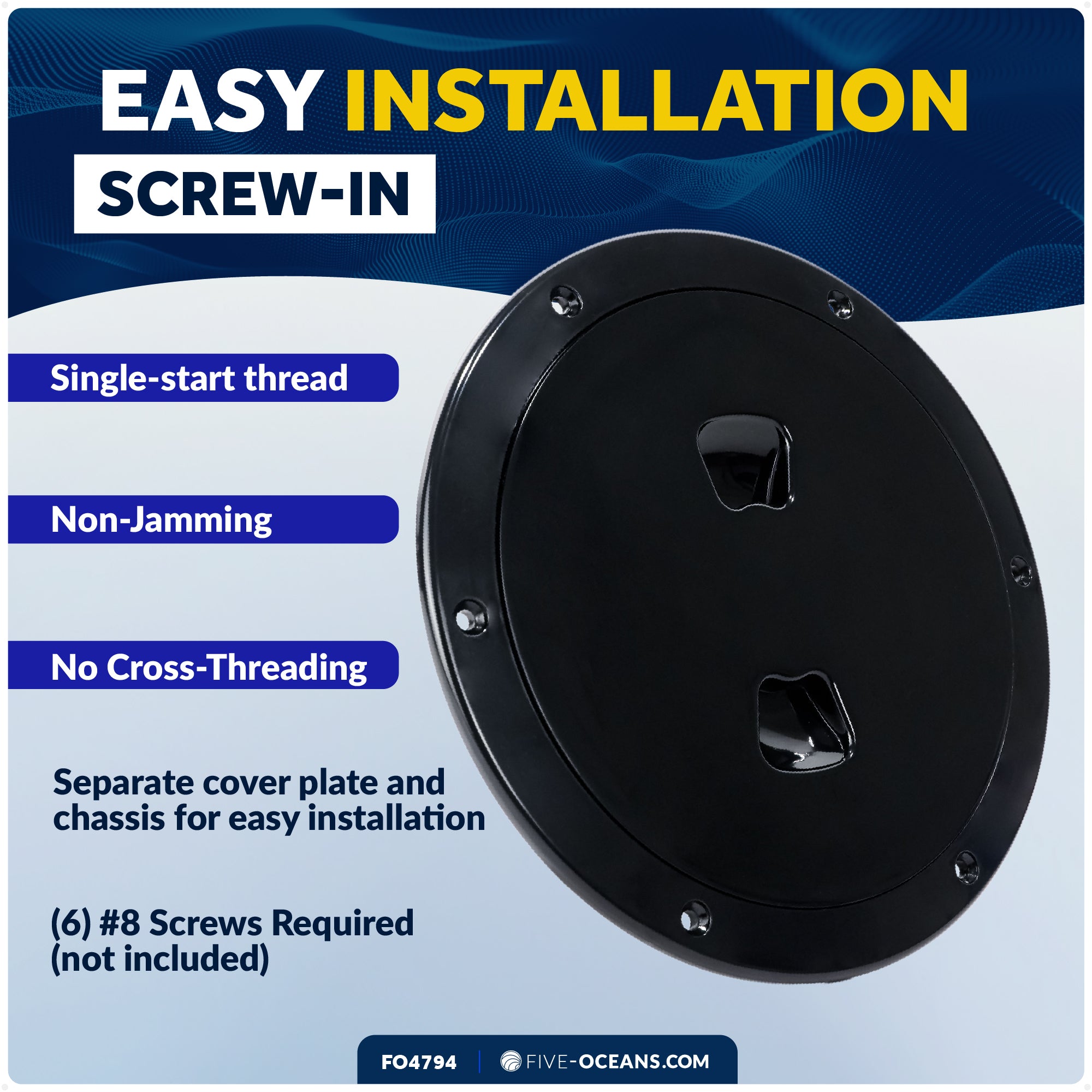 6" Boat Round Deck Plate, Black  - FO4794 - Five Oceans