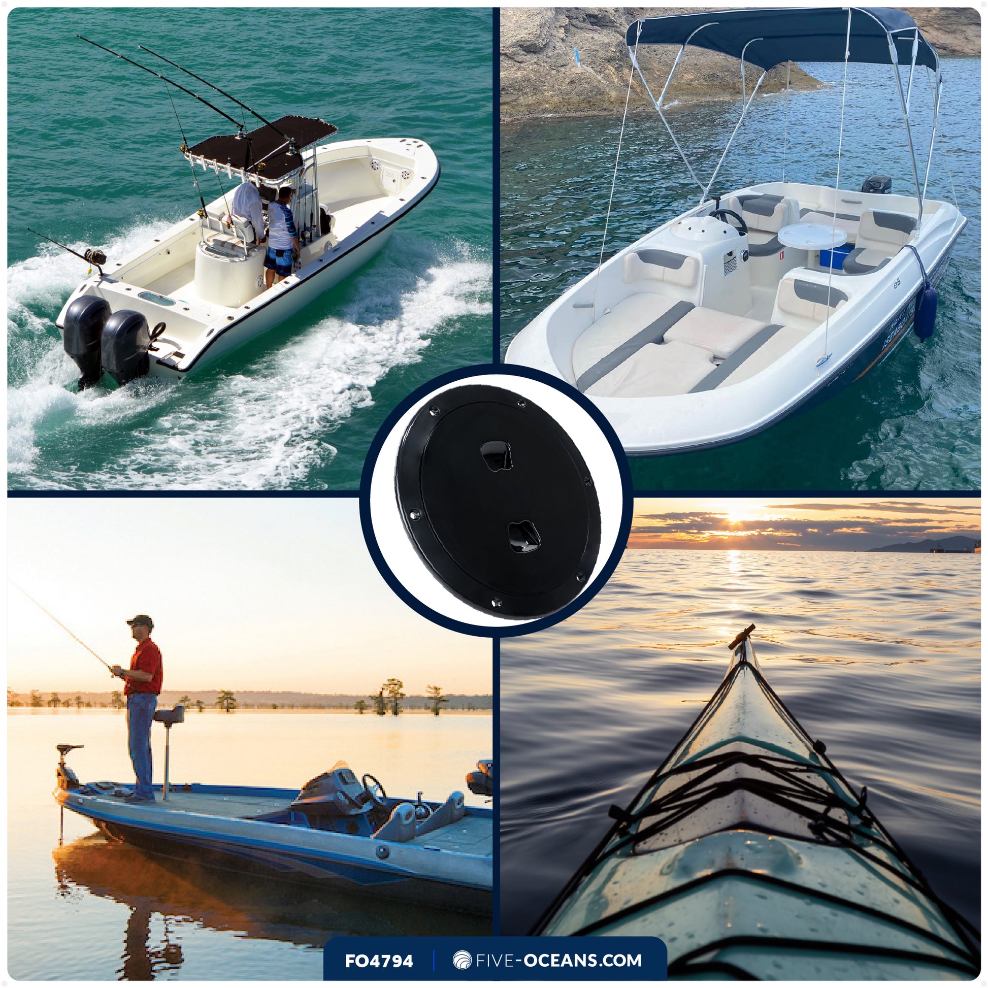 6" Boat Round Deck Plate, Black  - FO4794 - Five Oceans