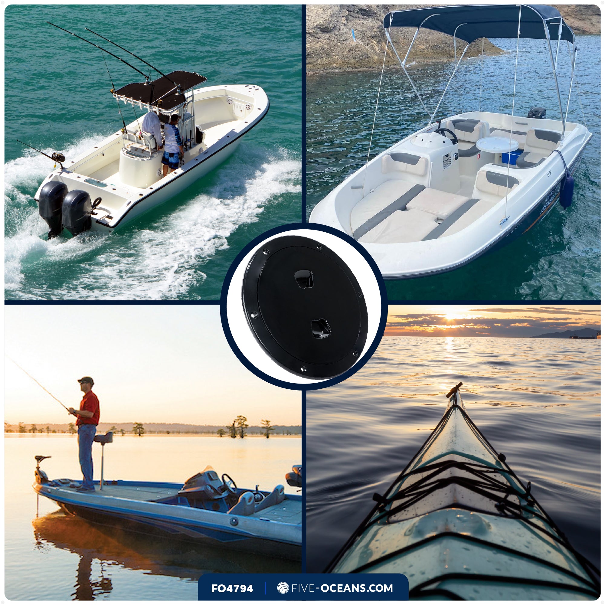 6" Boat Round Deck Plate, Black  - FO4794 - Five Oceans