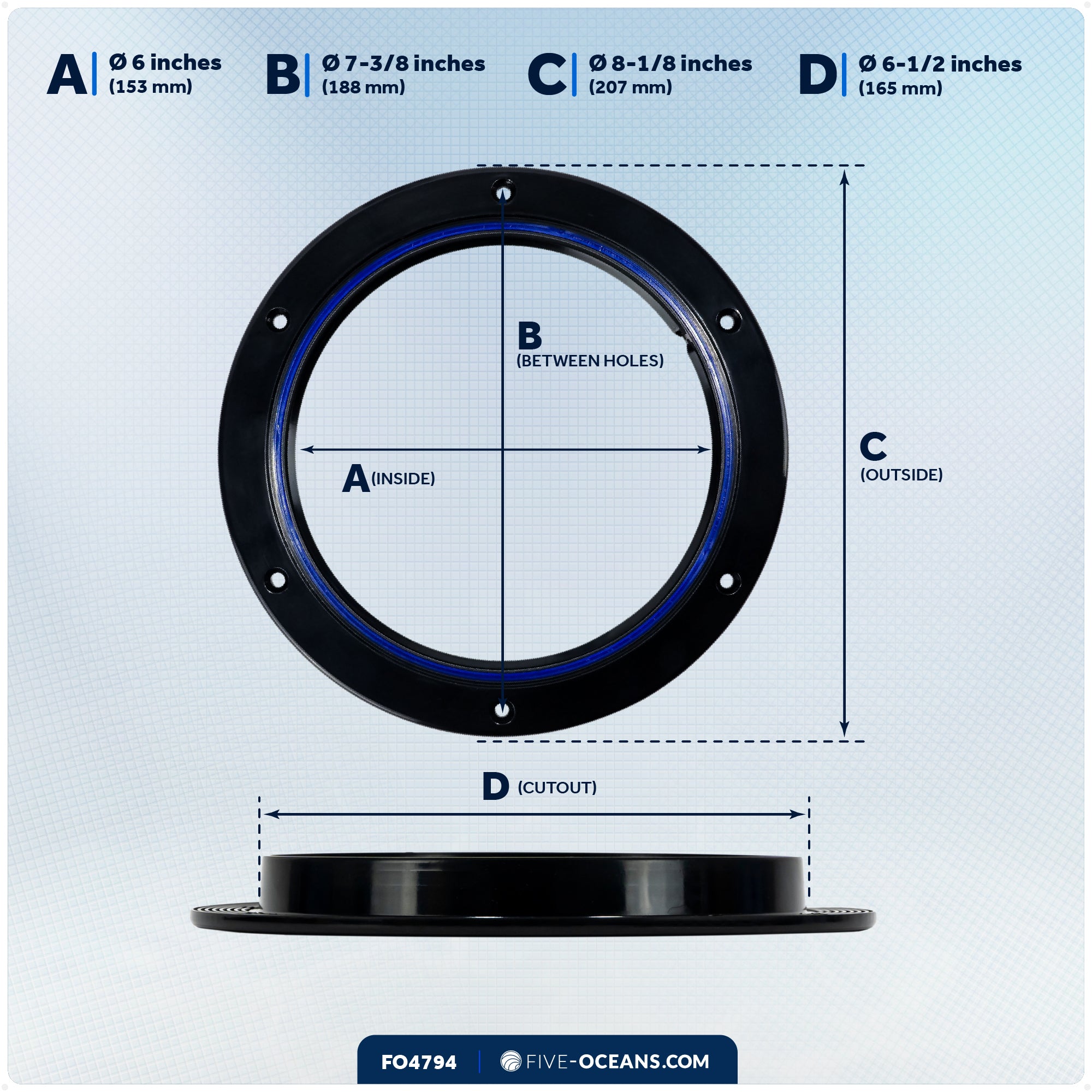 6" Boat Round Deck Plate, Black  - FO4794 - Five Oceans