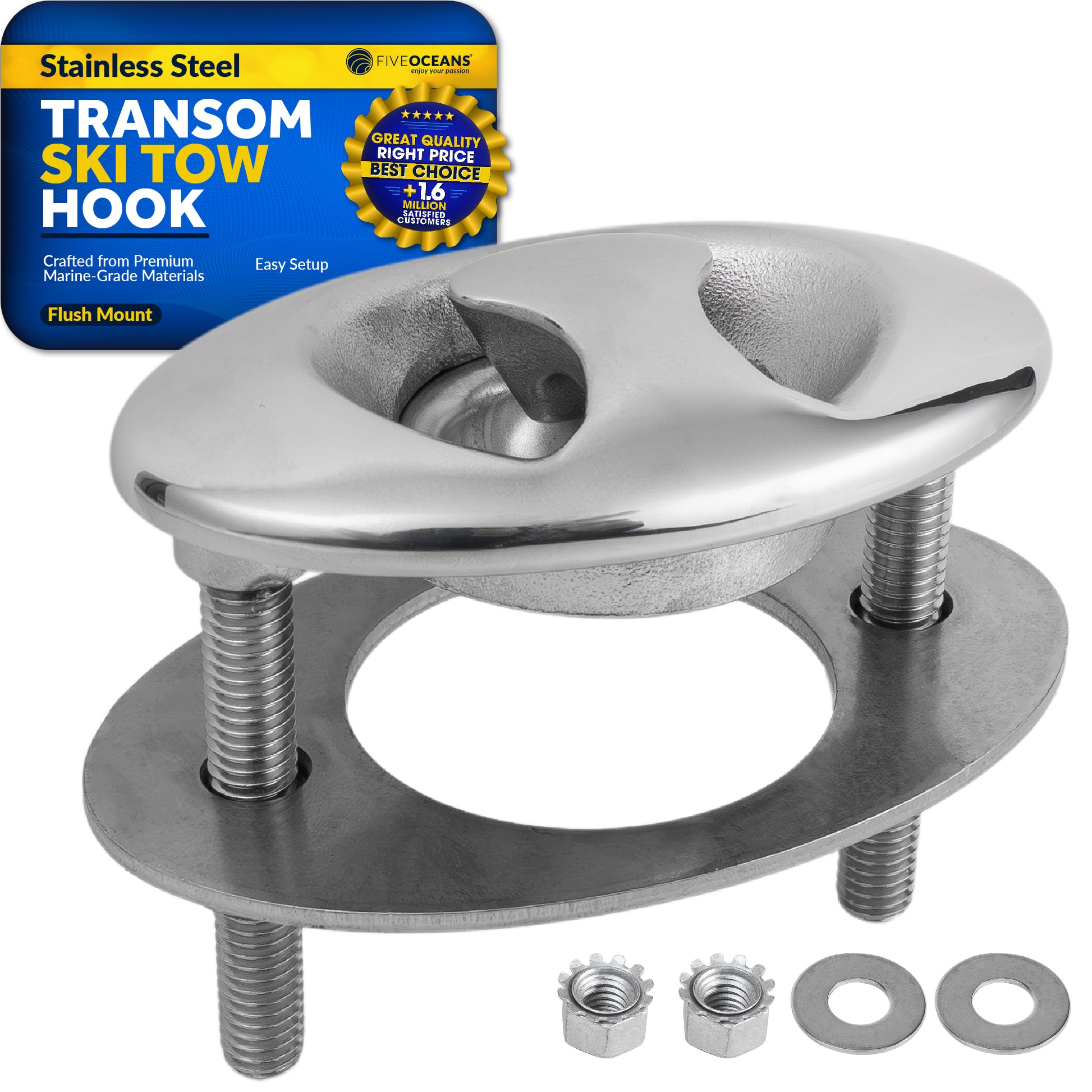 Flush Mount Transom Ski Tow Hook, Stainless Steel - FO4799 - Five Oceans