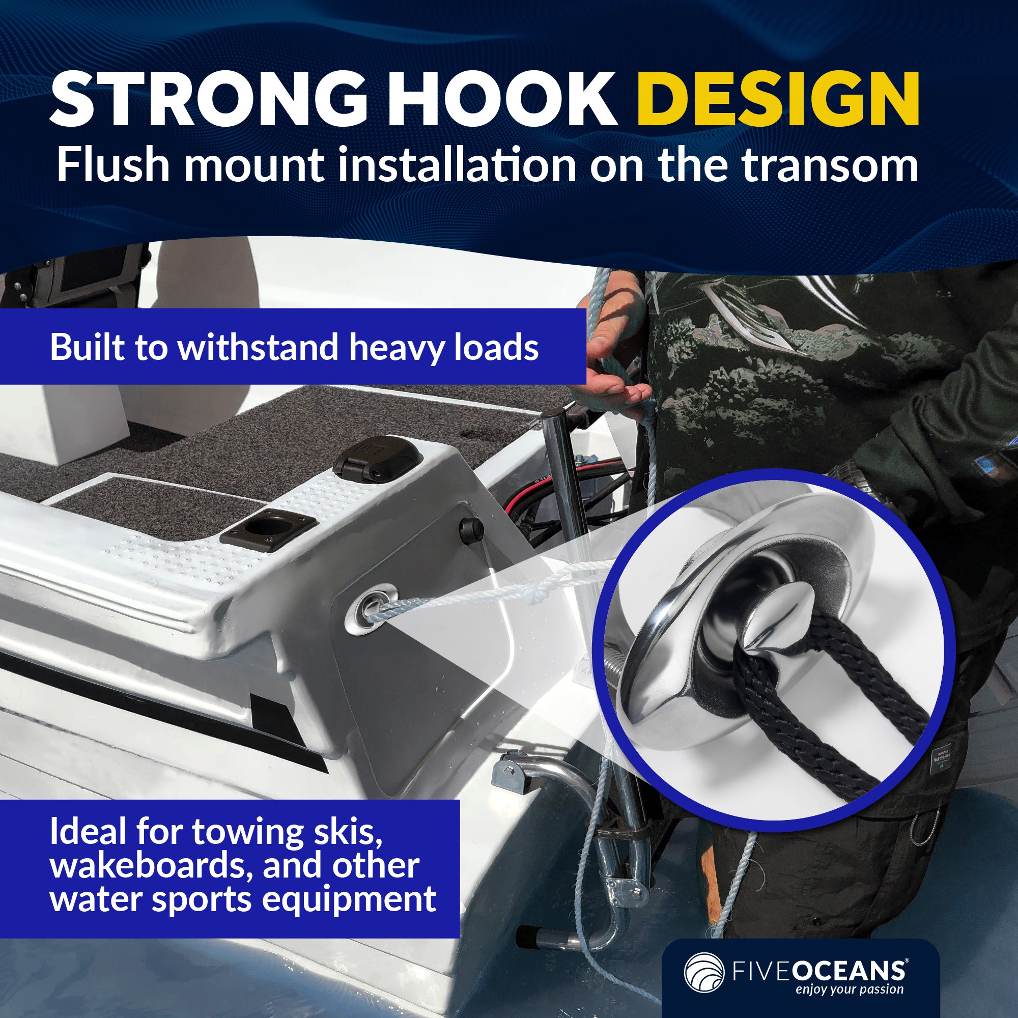 Flush Mount Transom Ski Tow Hook, Stainless Steel - FO4799 - Five Oceans