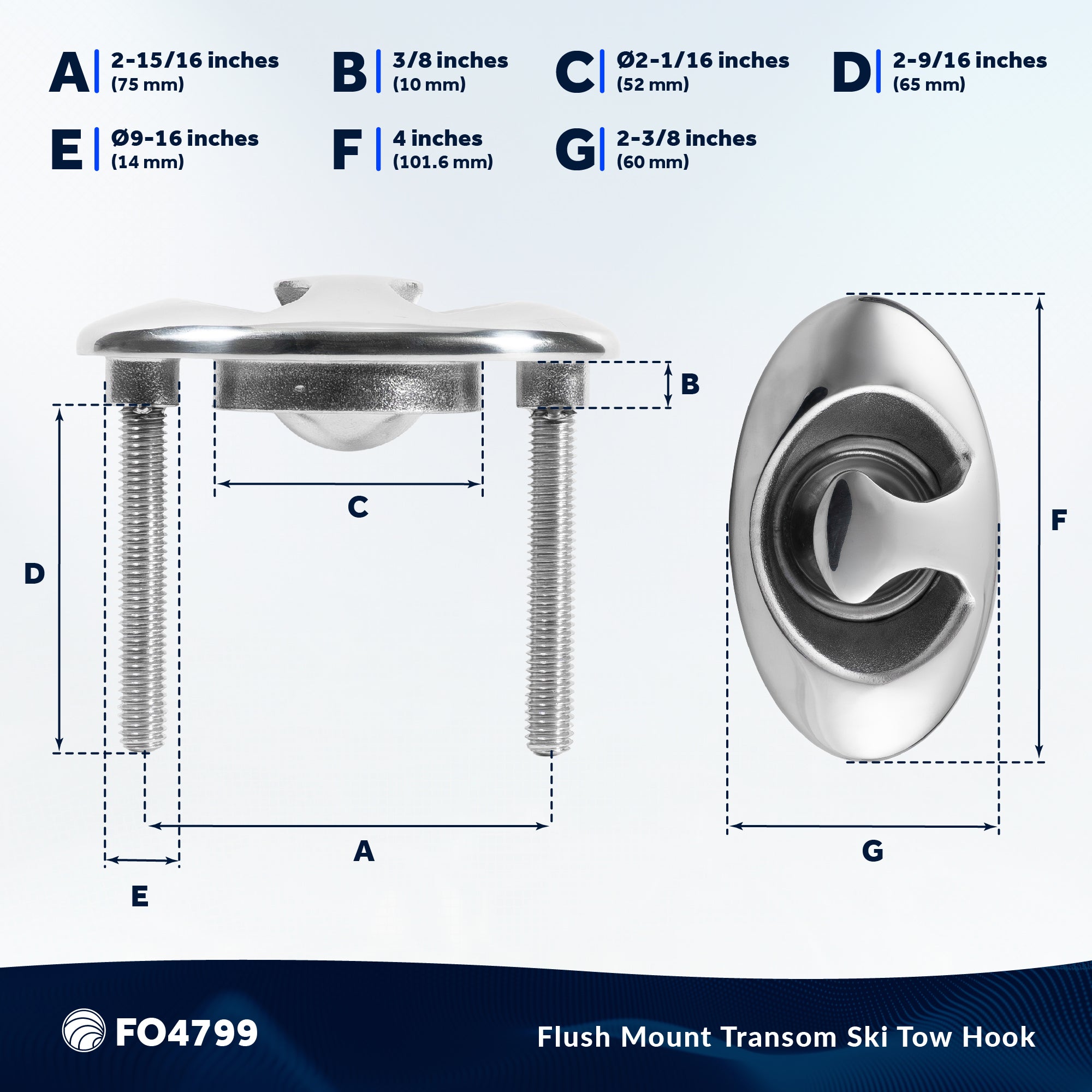 Flush Mount Transom Ski Tow Hook, Stainless Steel - FO4799 - Five Oceans