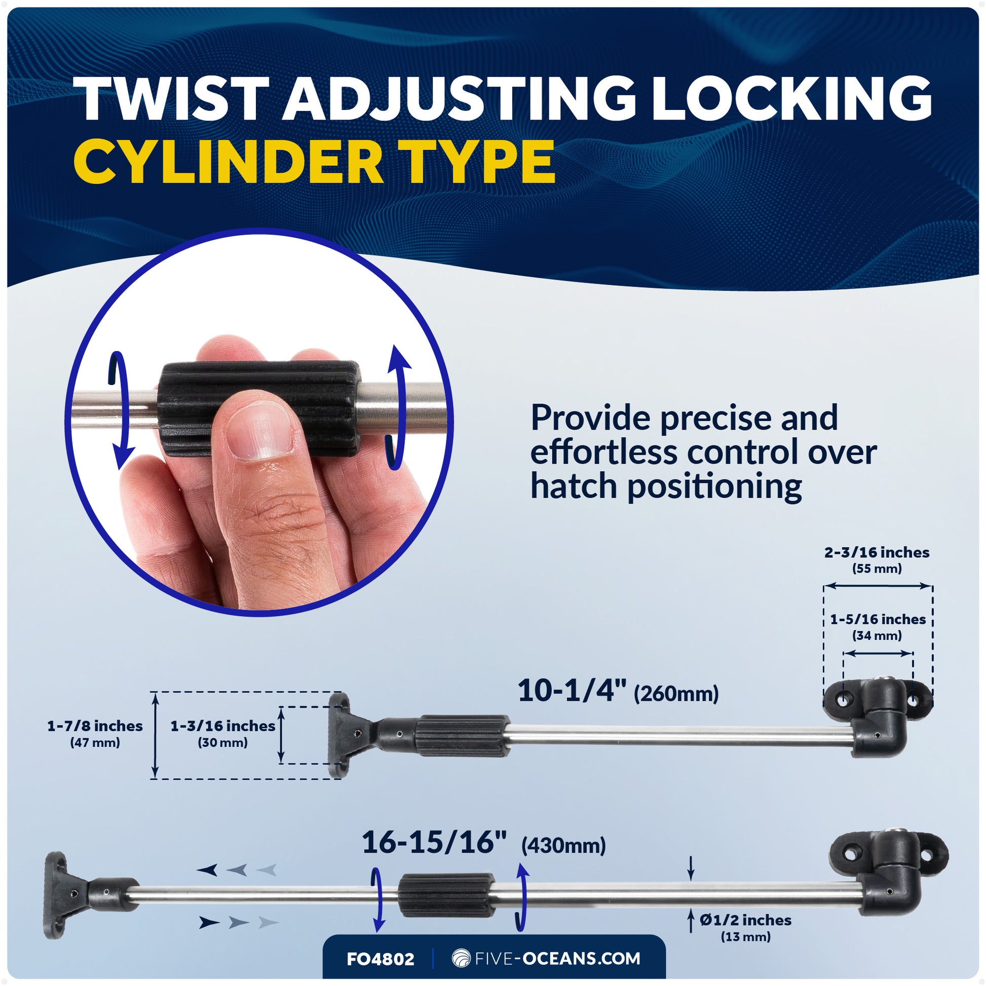 Stainless Steel Boat Hatch Lid Support, 10-1/4" to 16-15/16" ((260mm-430mm),  1/2" (13mm) Tube Diameter - FO4802 - Five Oceans