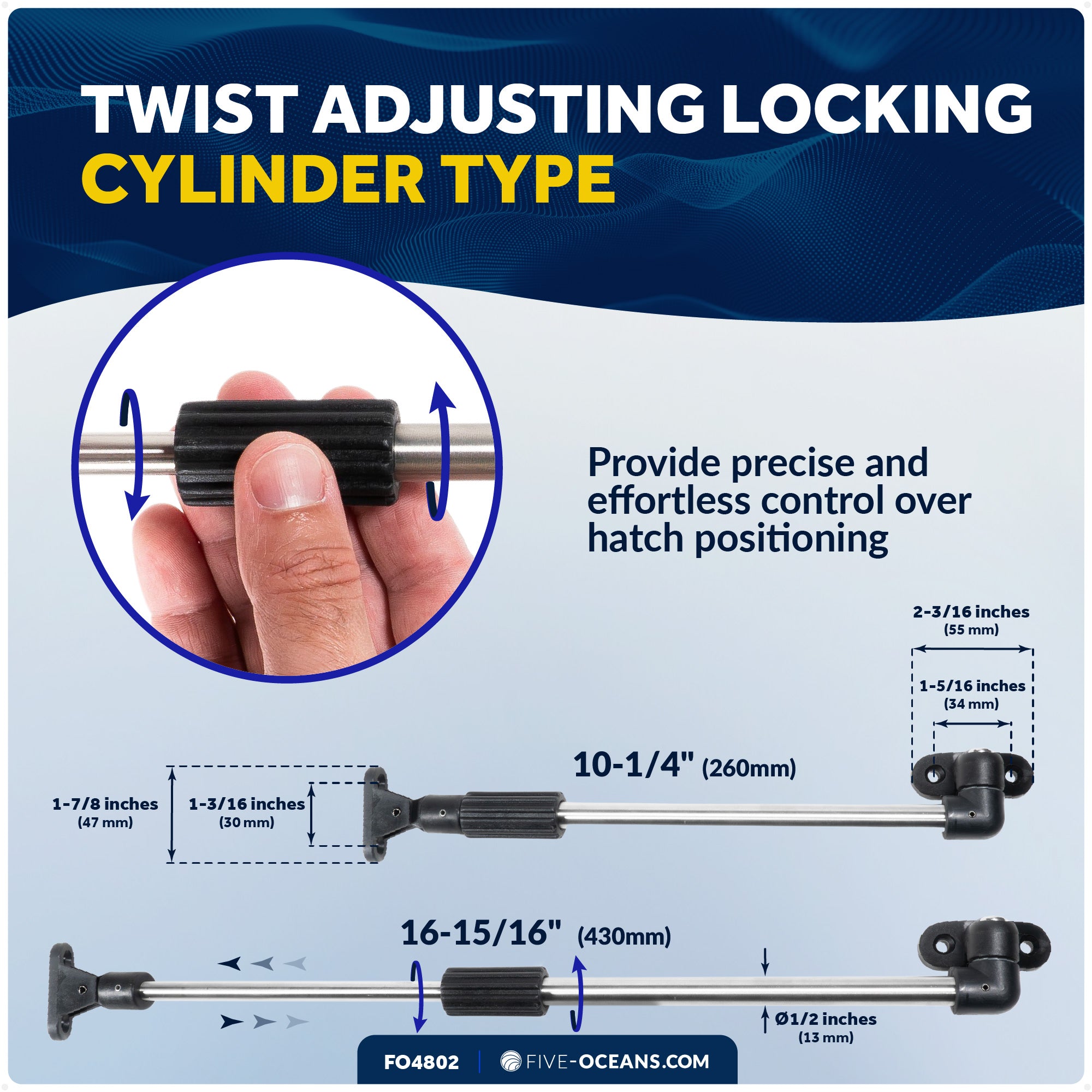 Stainless Steel Boat Hatch Lid Support, 10-1/4" to 16-15/16" ((260mm-430mm),  1/2" (13mm) Tube Diameter - FO4802 - Five Oceans