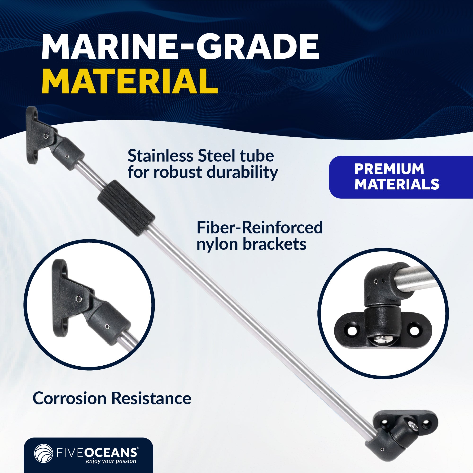 Stainless Steel Boat Hatch Lid Support, 10-1/4" to 16-15/16" ((260mm-430mm),  1/2" (13mm) Tube Diameter - FO4802 - Five Oceans