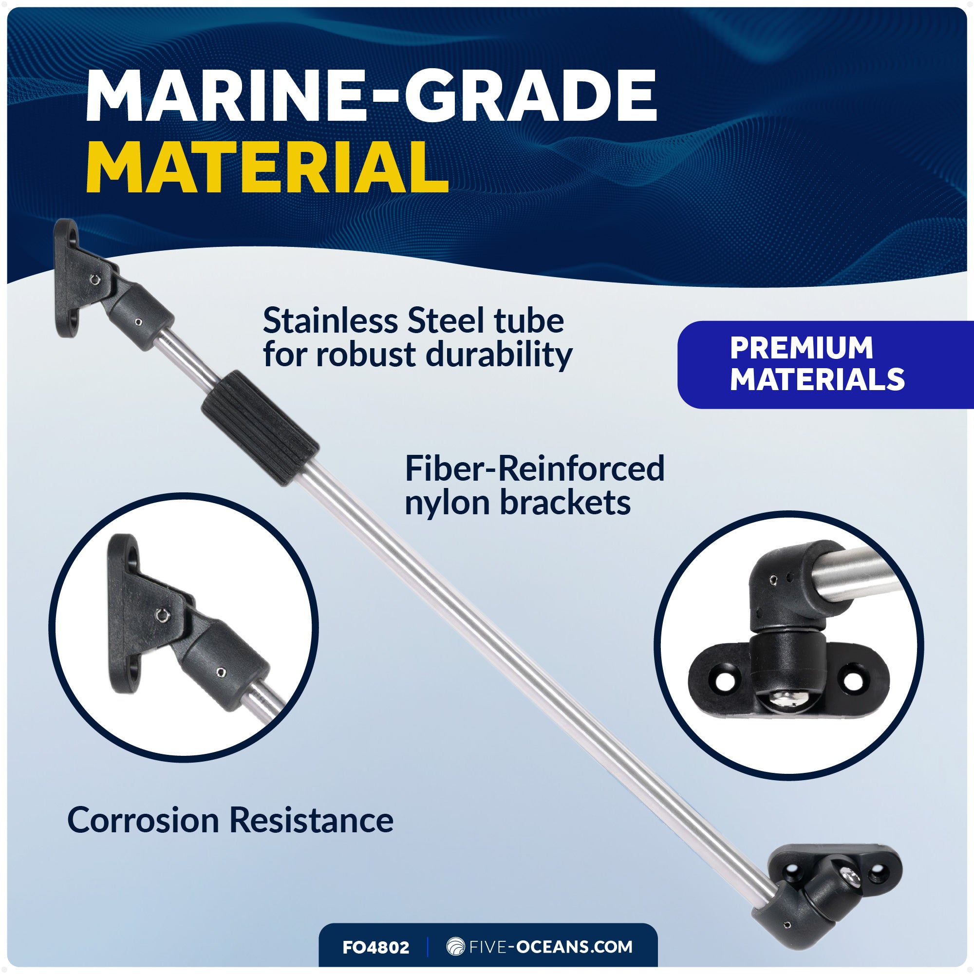 Stainless Steel Boat Hatch Lid Support, 10-1/4" to 16-15/16" ((260mm-430mm),  1/2" (13mm) Tube Diameter - FO4802 - Five Oceans