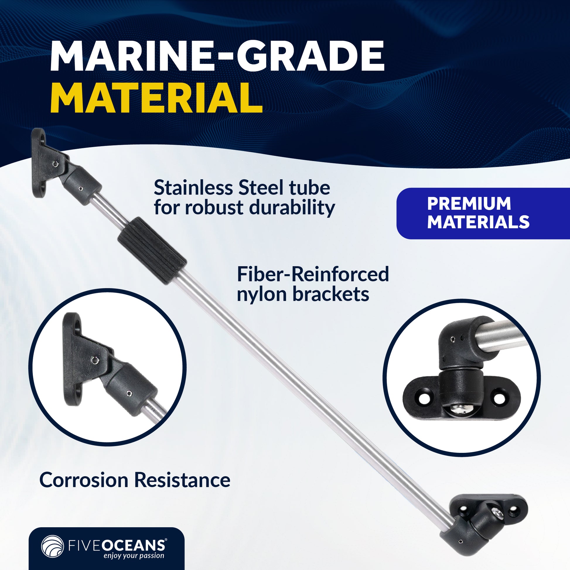 Stainless Steel Boat Hatch Lid Support, 13-3/8" to 23-1/4" (340mm-590mm), 1/2" (13mm) Tube Diameter - FO4803 - Five Oceans