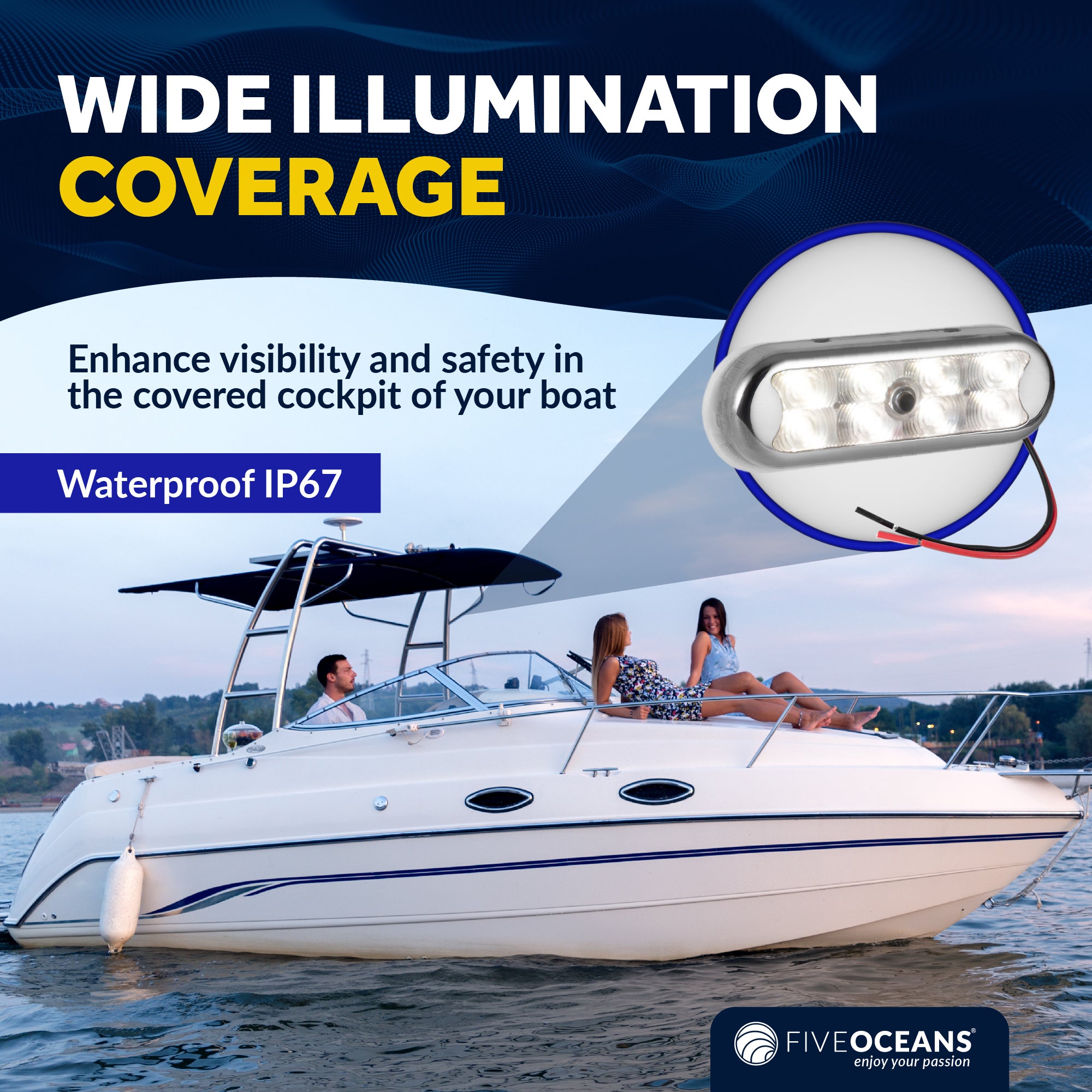 LED Bimini Top Light with Push On-Off Switch, Warm White - FO4804 - Five Oceans