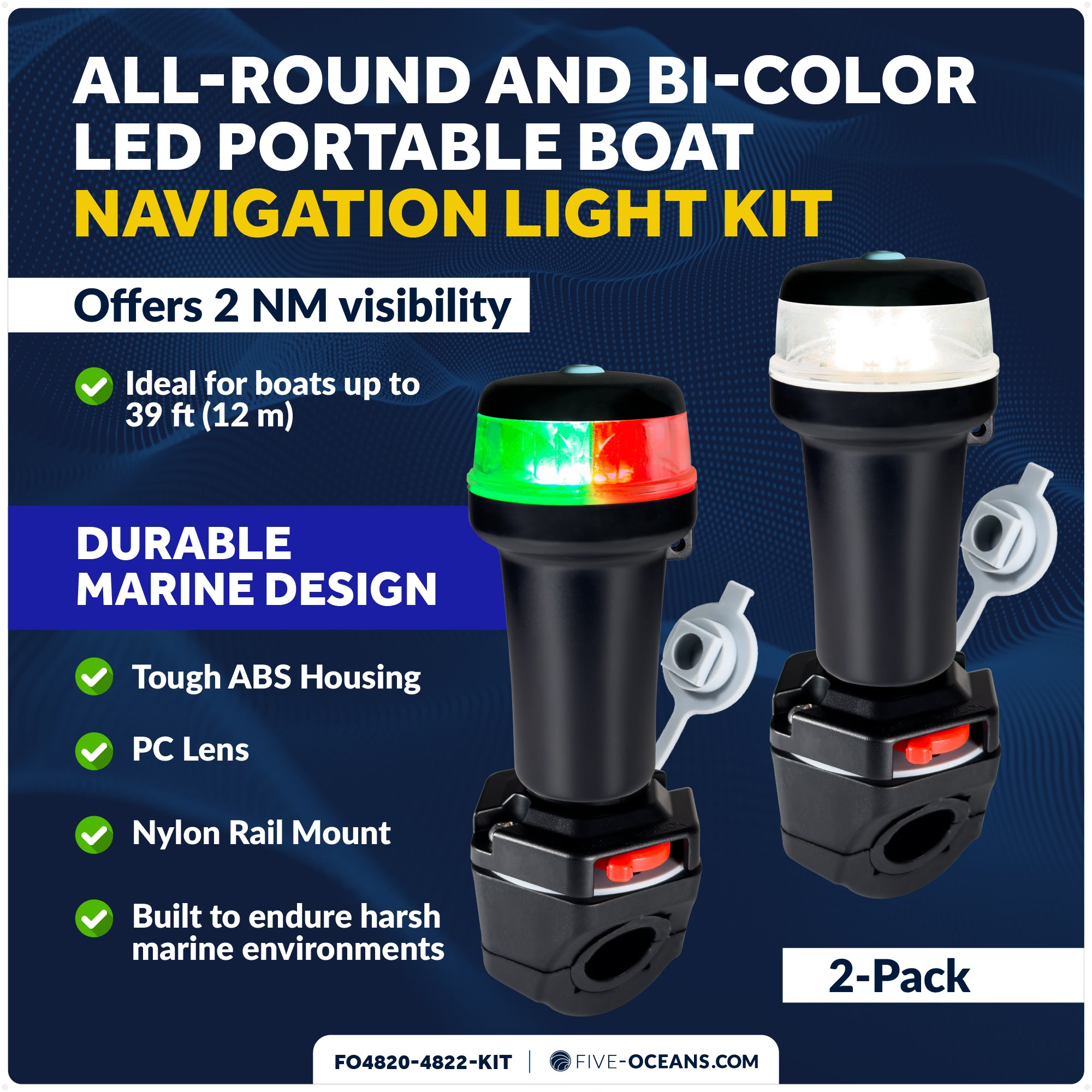 LED Bi-Color & Anchor Navigation Light Kit, Rail Mount, Portable - FO4820-4822-KIT - Five Oceans