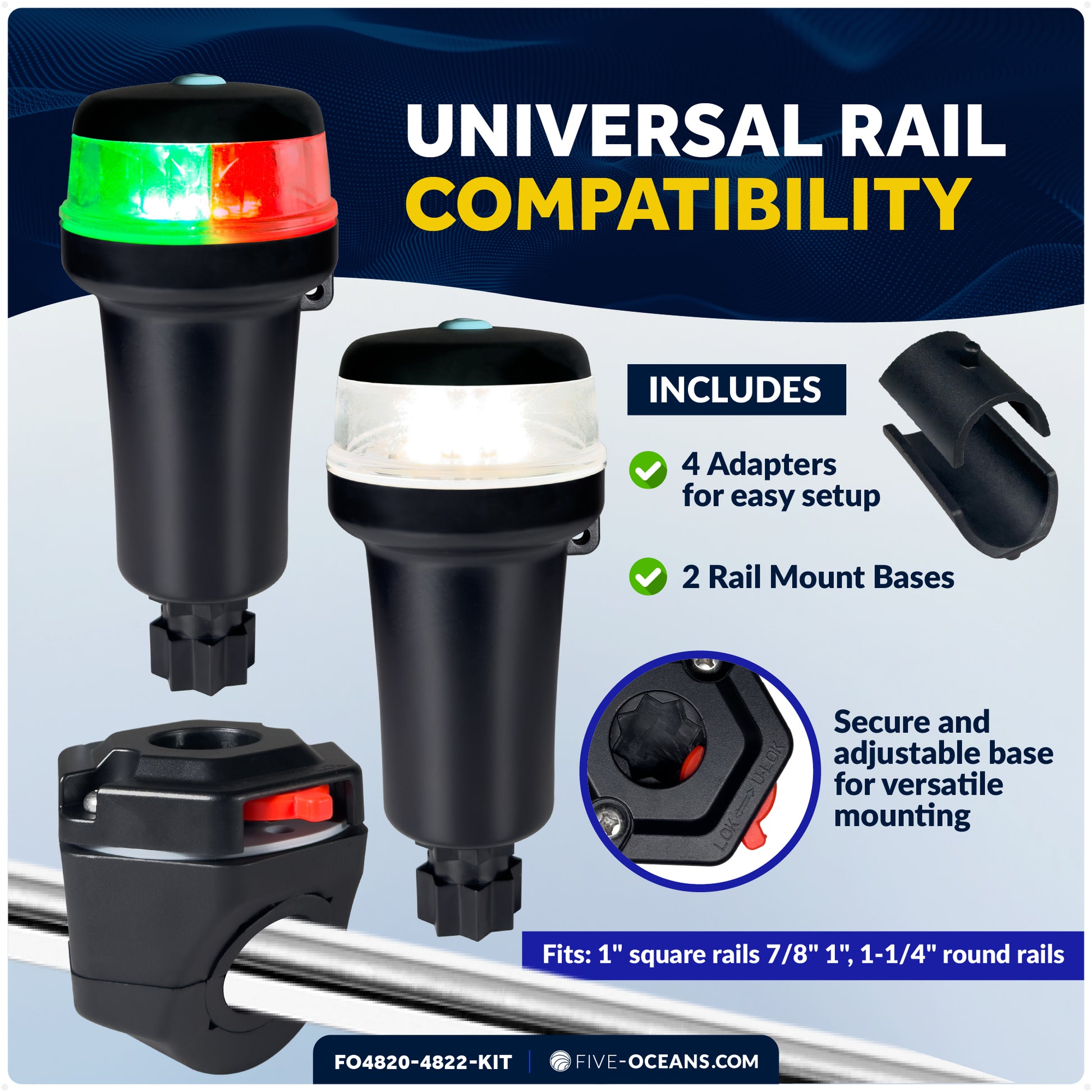 LED Portable Boat Navigation Light Kit, Rail Mount, IP67 Waterproof, Battery-Powered - FO4820-4822-KIT - Five Oceans