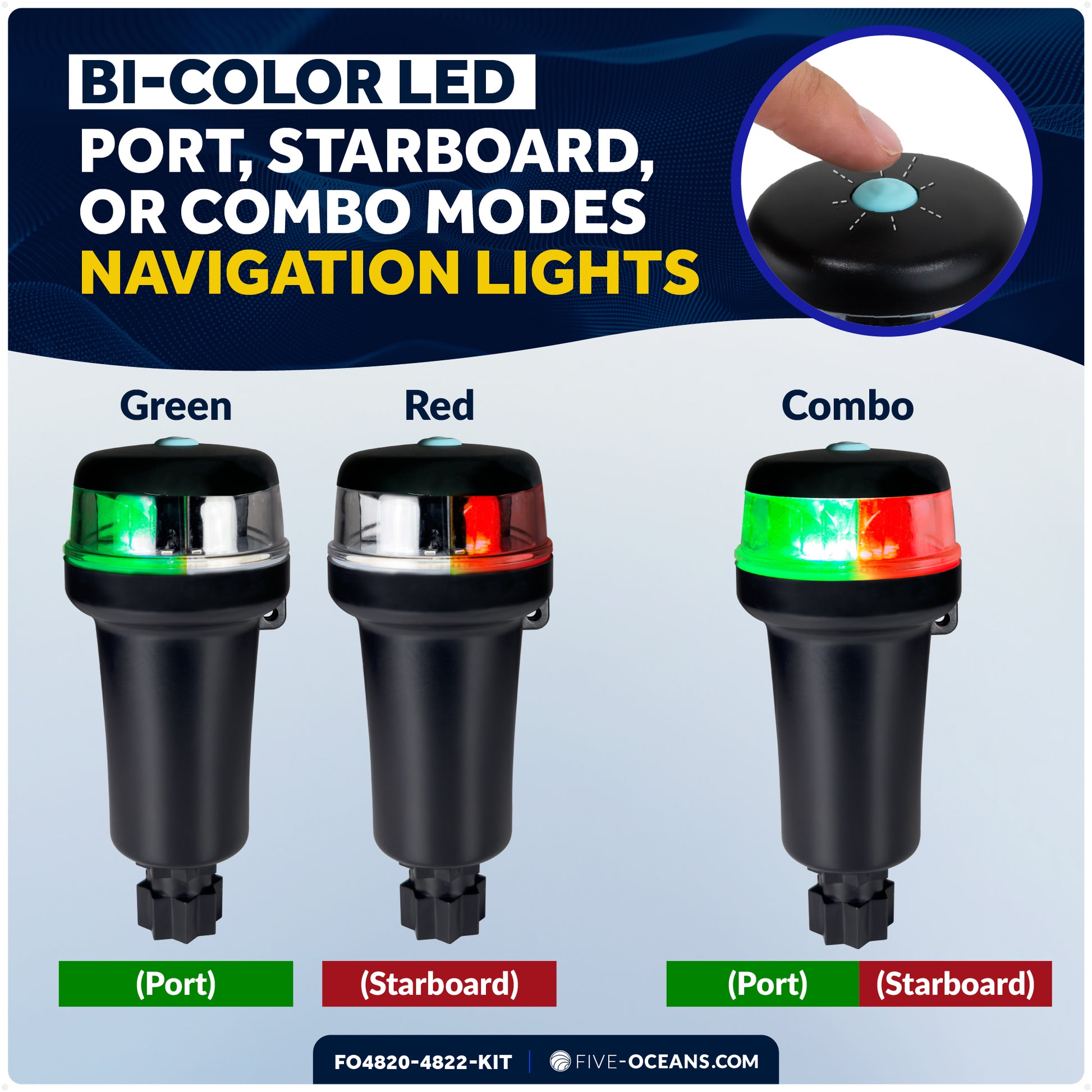 LED Portable Boat Navigation Light Kit, Rail Mount, IP67 Waterproof, Battery-Powered - FO4820-4822-KIT - Five Oceans