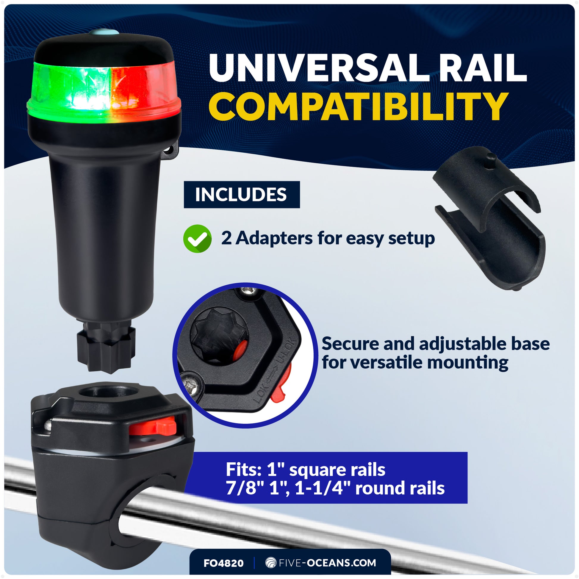 LED Portable Bi-Color Boat Navigation Light, Rail Mount, IP67 Waterproof, Battery-Powered - FO4820 - Five Oceans