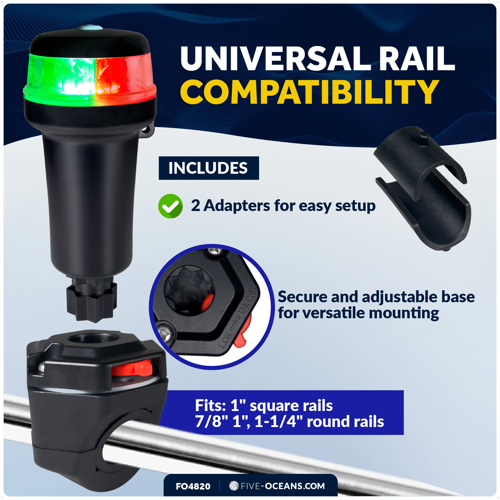 LED Portable Bi-Color Boat Navigation Light, Rail Mount, IP67 Waterproof, Battery-Powered - FO4820 - Five Oceans