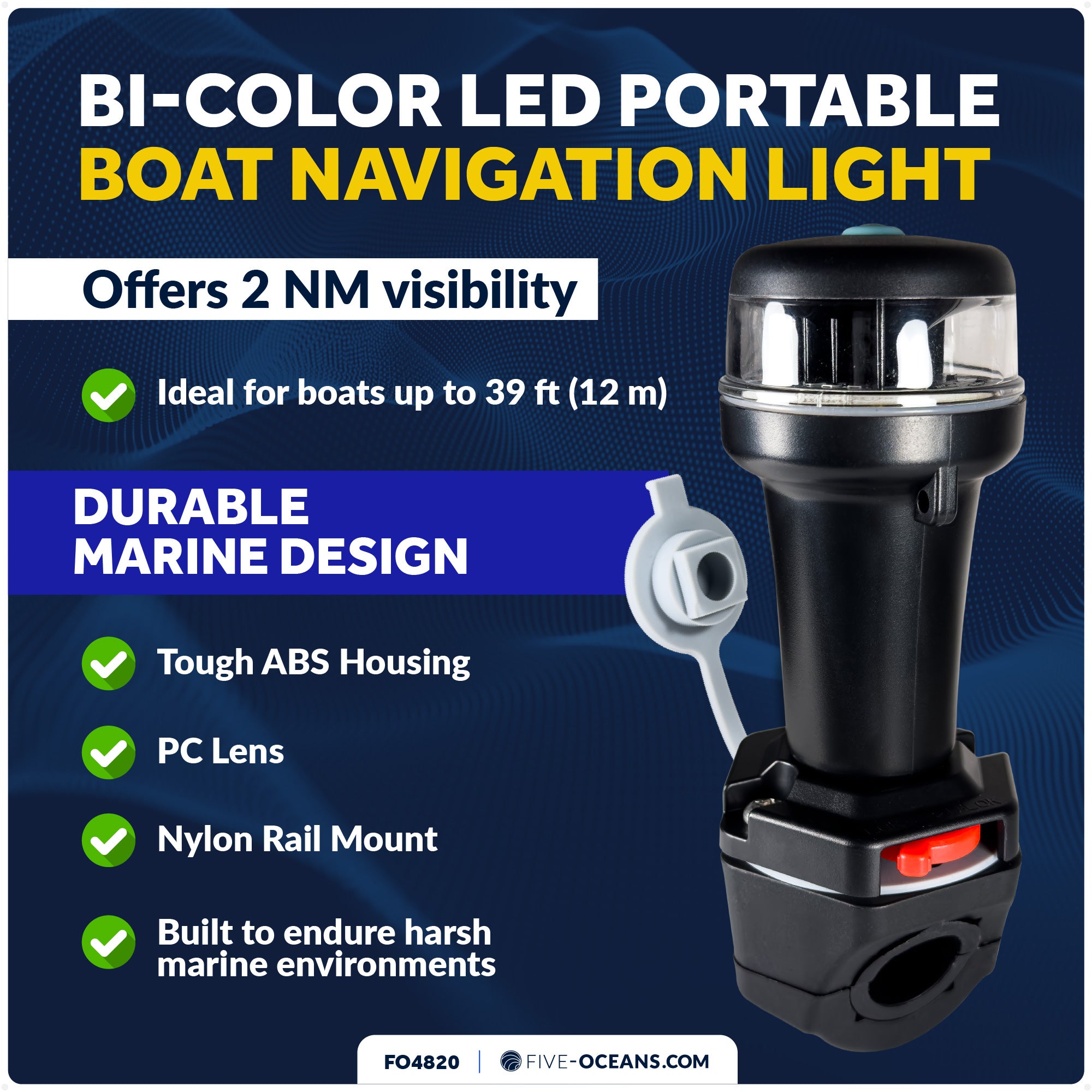 LED Portable Bi-Color Boat Navigation Light, Rail Mount, IP67 Waterproof, Battery-Powered - FO4820 - Five Oceans