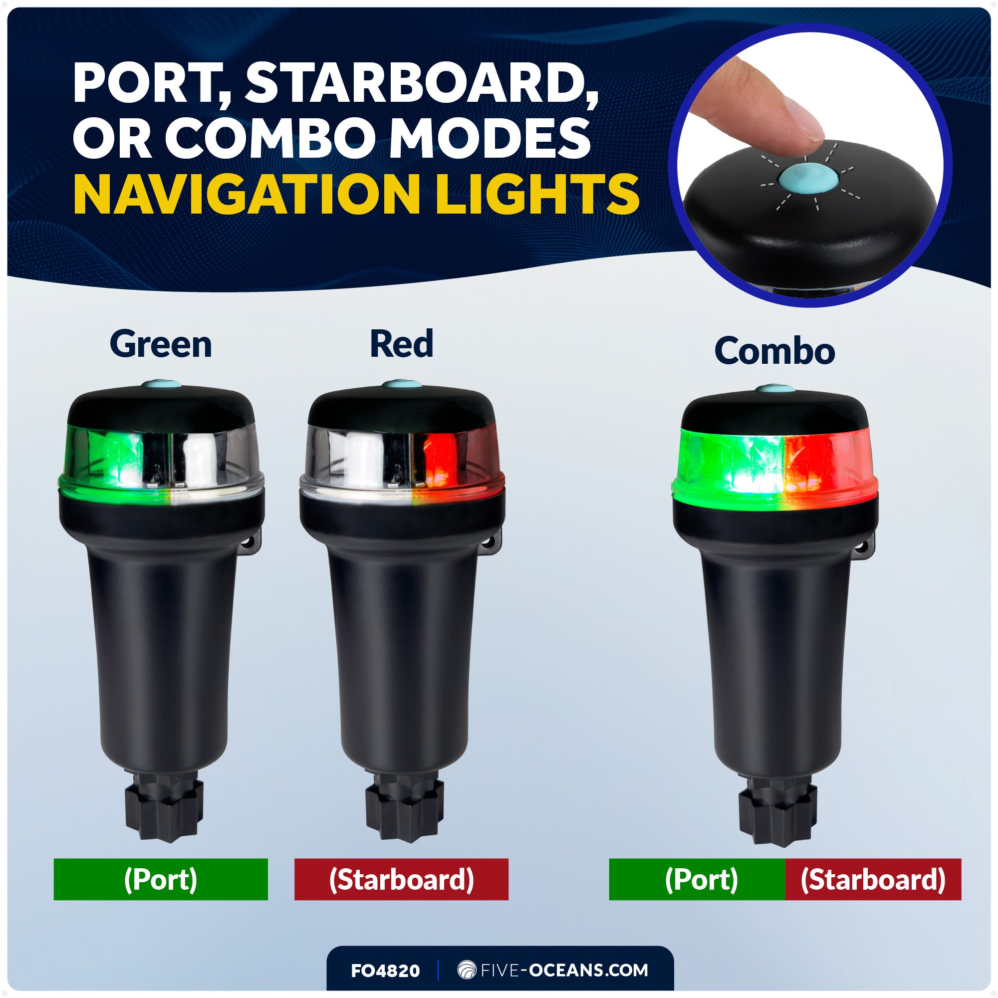 LED Portable Bi-Color Boat Navigation Light, Rail Mount, IP67 Waterproof, Battery-Powered - FO4820 - Five Oceans