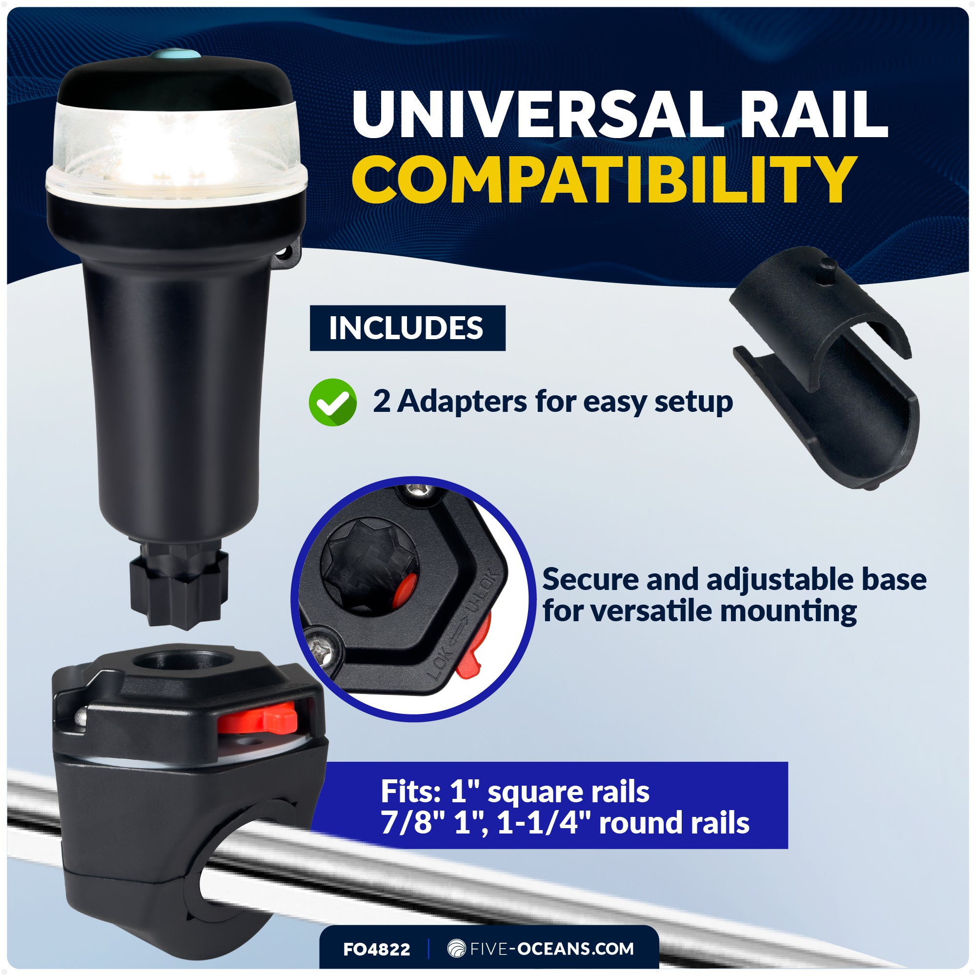 LED Portable All-Round Boat Navigation Light, Rail Mount, IP67 Waterproof, Battery-Powered - FO4822 - Five Oceans