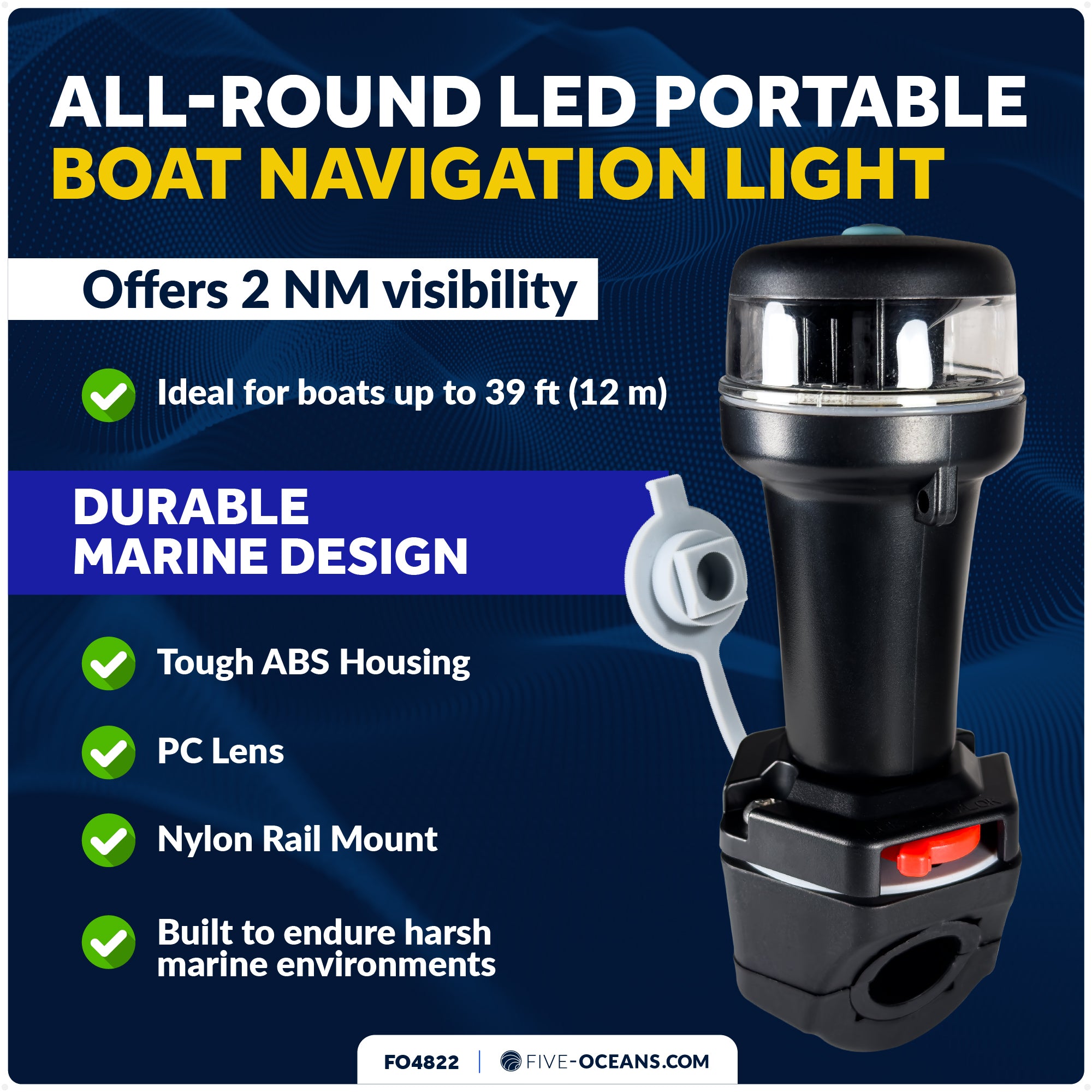 LED Portable All-Round Boat Navigation Light, Rail Mount, IP67 Waterproof, Battery-Powered - FO4822 - Five Oceans