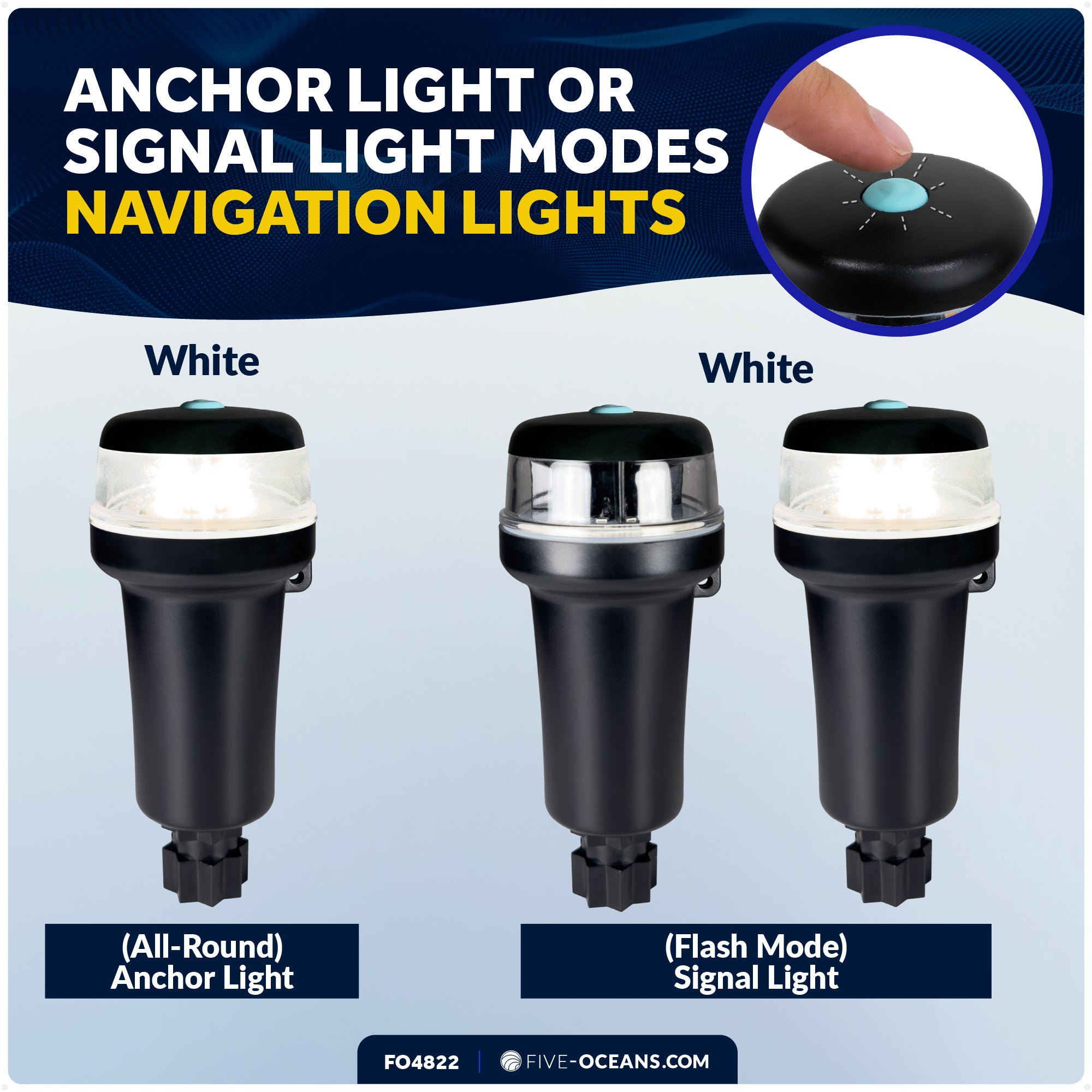 LED Portable All-Round Boat Navigation Light, Rail Mount, IP67 Waterproof, Battery-Powered - FO4822 - Five Oceans