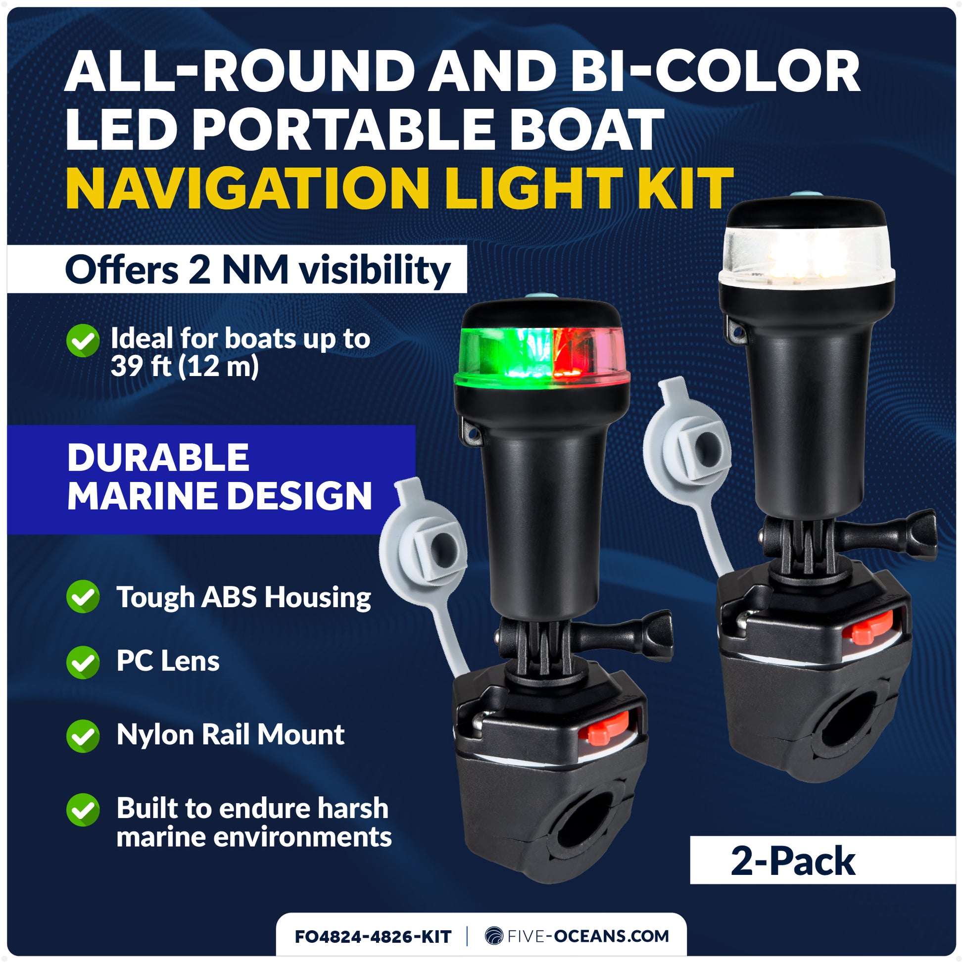 LED Portable Boat Navigation Light Kit, Rail Mount Swivel Base, IP67 Waterproof, Battery-Powered - FO4824-4826-KIT - Five Oceans