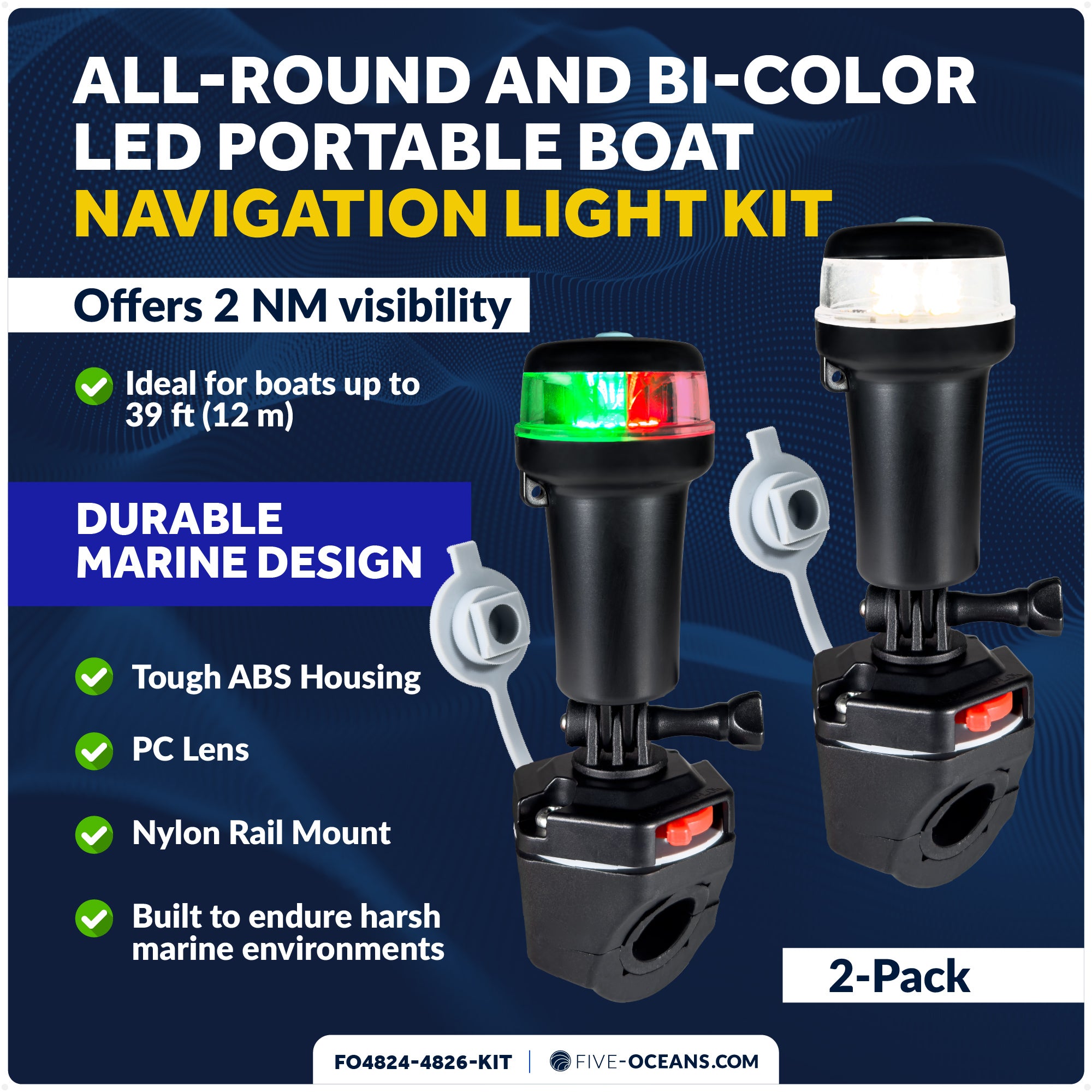LED Portable Boat Navigation Light Kit, Rail Mount Swivel Base, IP67 Waterproof, Battery-Powered - FO4824-4826-KIT - Five Oceans