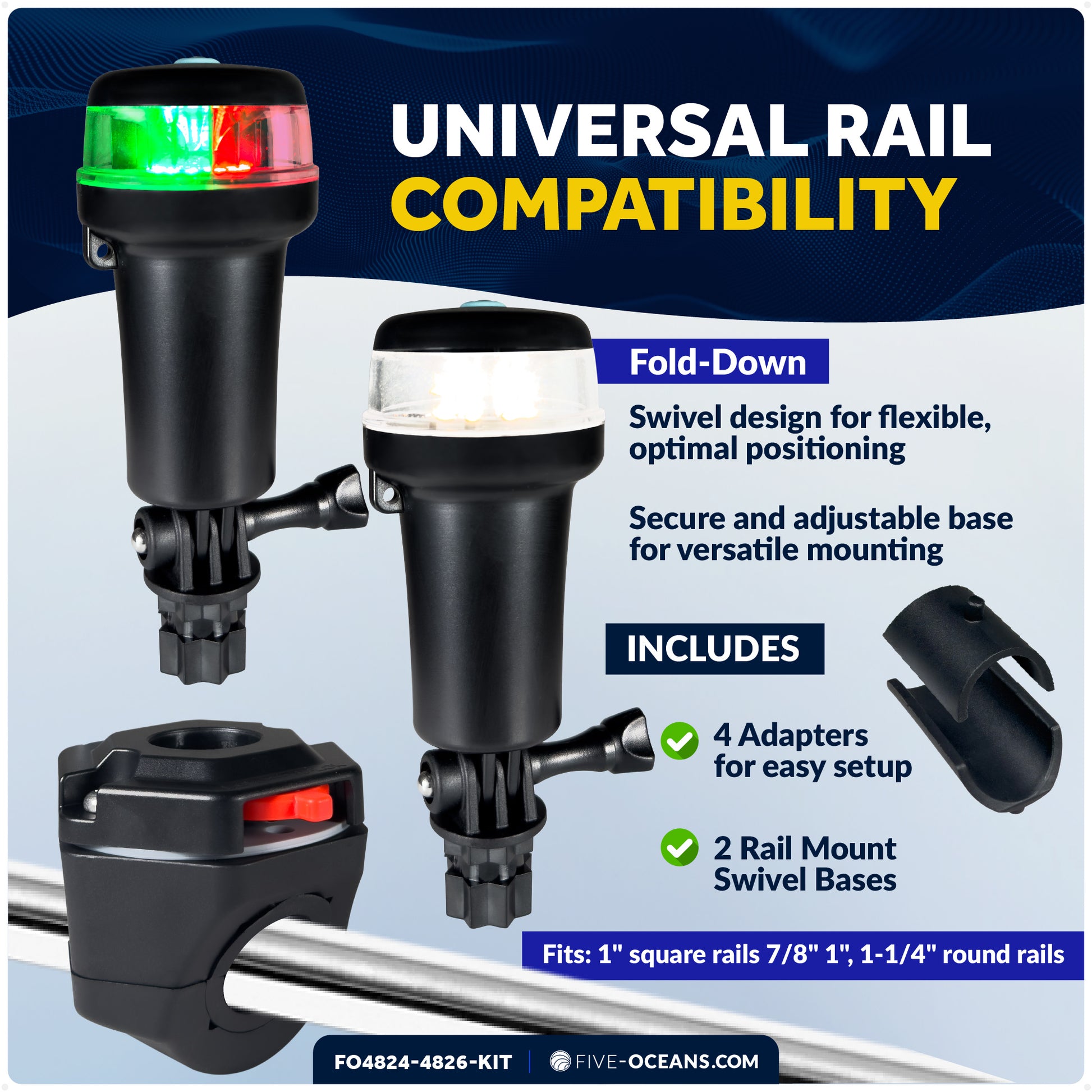 LED Portable Boat Navigation Light Kit, Rail Mount Swivel Base, IP67 Waterproof, Battery-Powered - FO4824-4826-KIT - Five Oceans