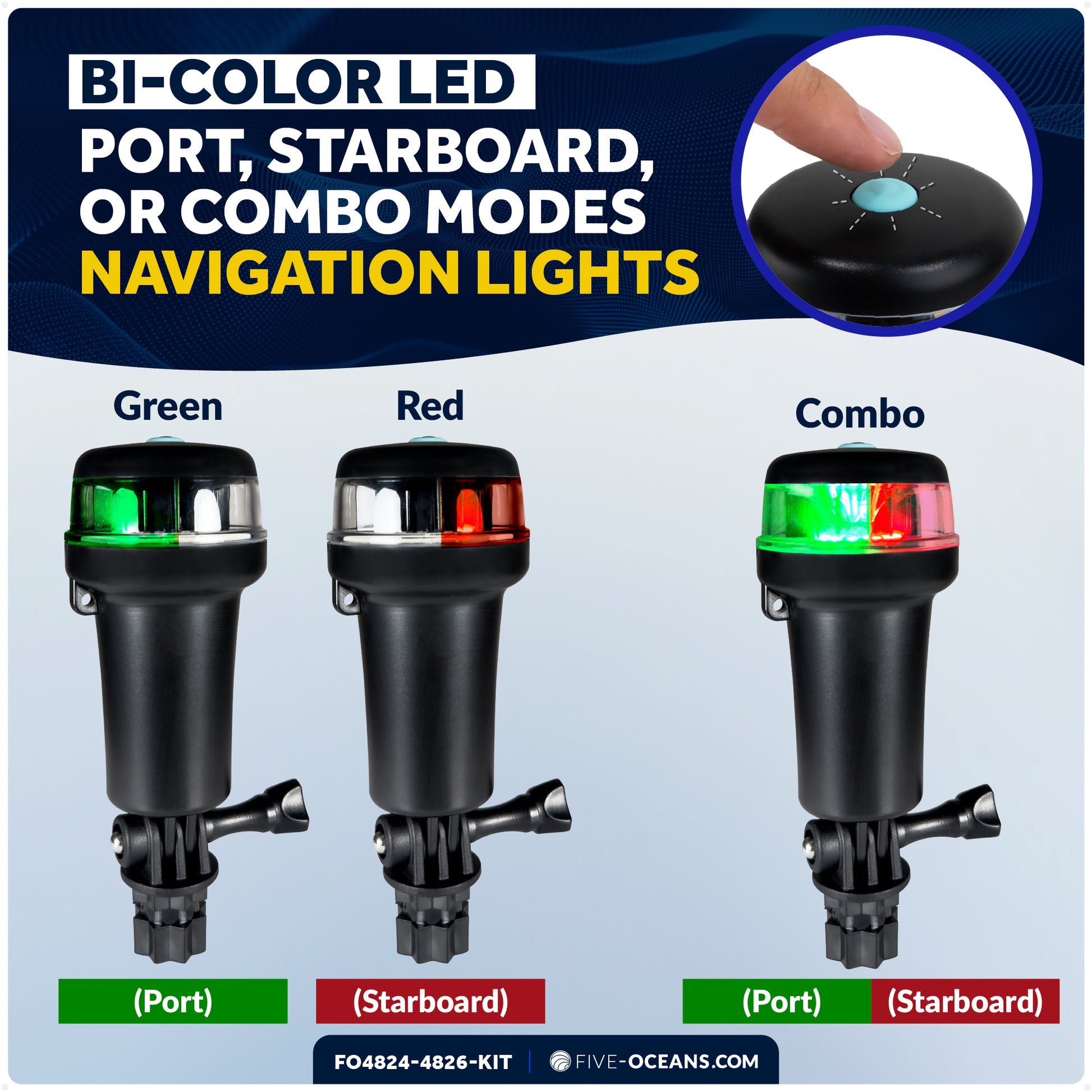 LED Portable Boat Navigation Light Kit, Rail Mount Swivel Base, IP67 Waterproof, Battery-Powered - FO4824-4826-KIT - Five Oceans