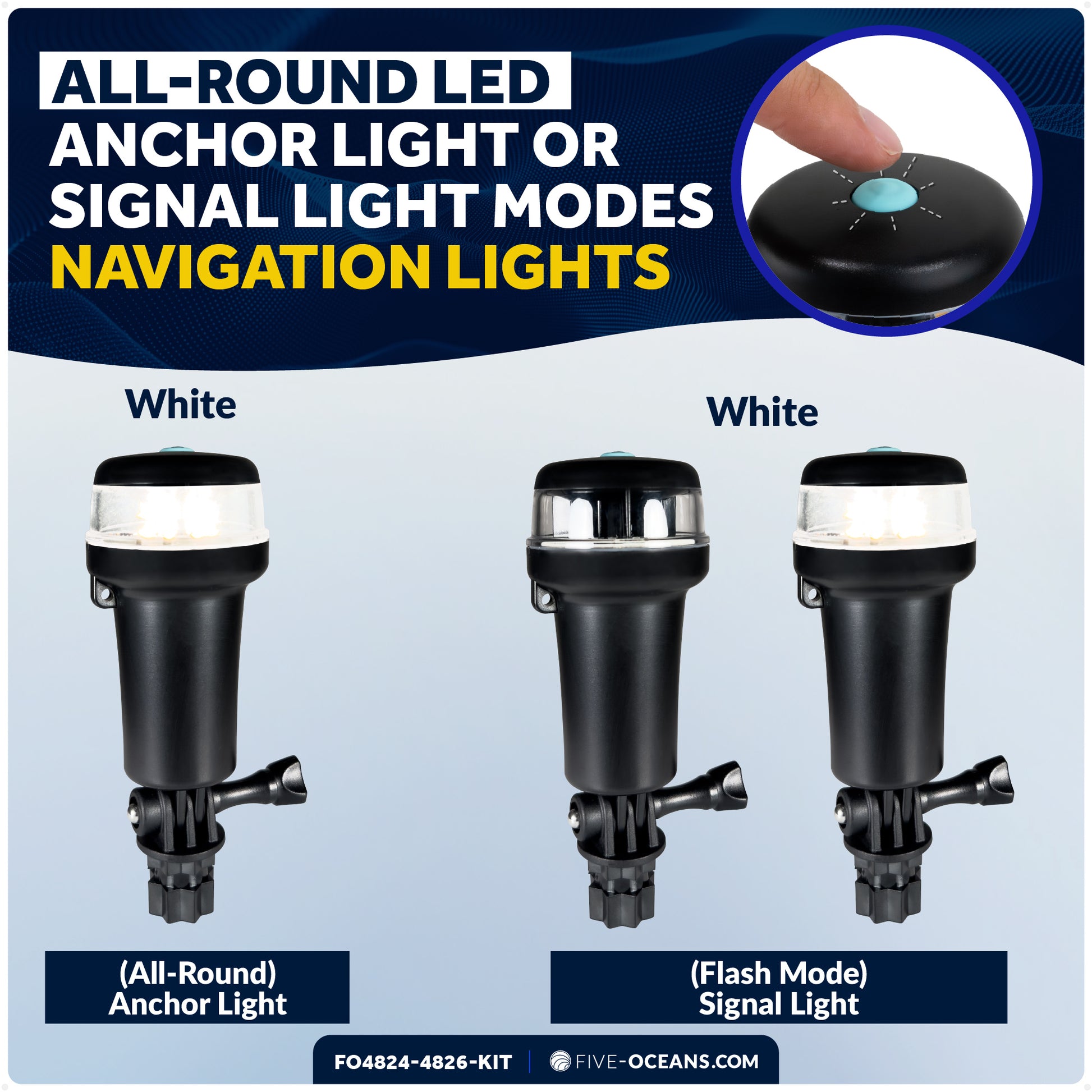 LED Portable Boat Navigation Light Kit, Rail Mount Swivel Base, IP67 Waterproof, Battery-Powered - FO4824-4826-KIT - Five Oceans