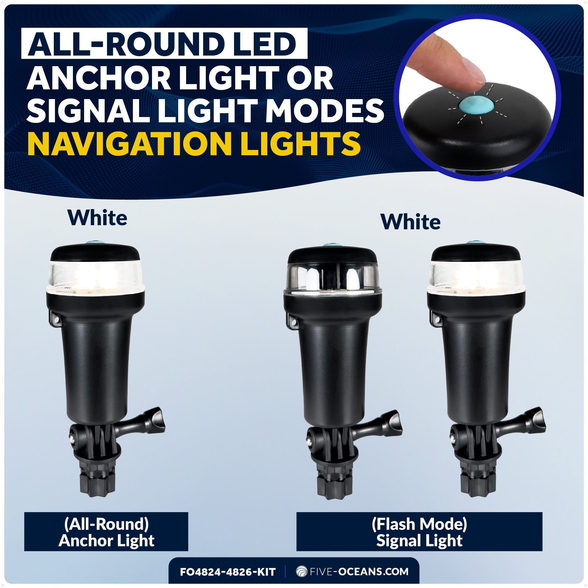 LED Portable Boat Navigation Light Kit, Rail Mount Swivel Base, IP67 Waterproof, Battery-Powered - FO4824-4826-KIT - Five Oceans