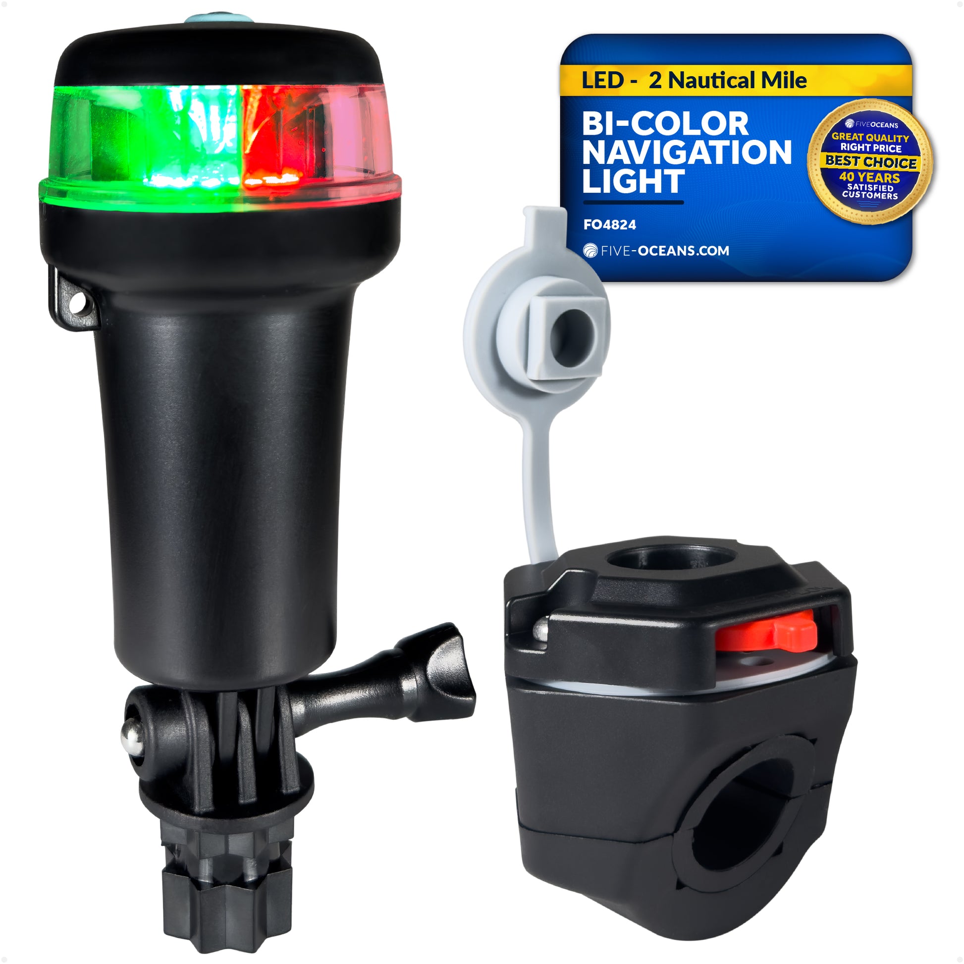 LED Portable Bi-Color Boat Navigation Light, Rail Mount Swivel Base, IP67 Waterproof, Battery-Powered - FO4824 - Five Oceans