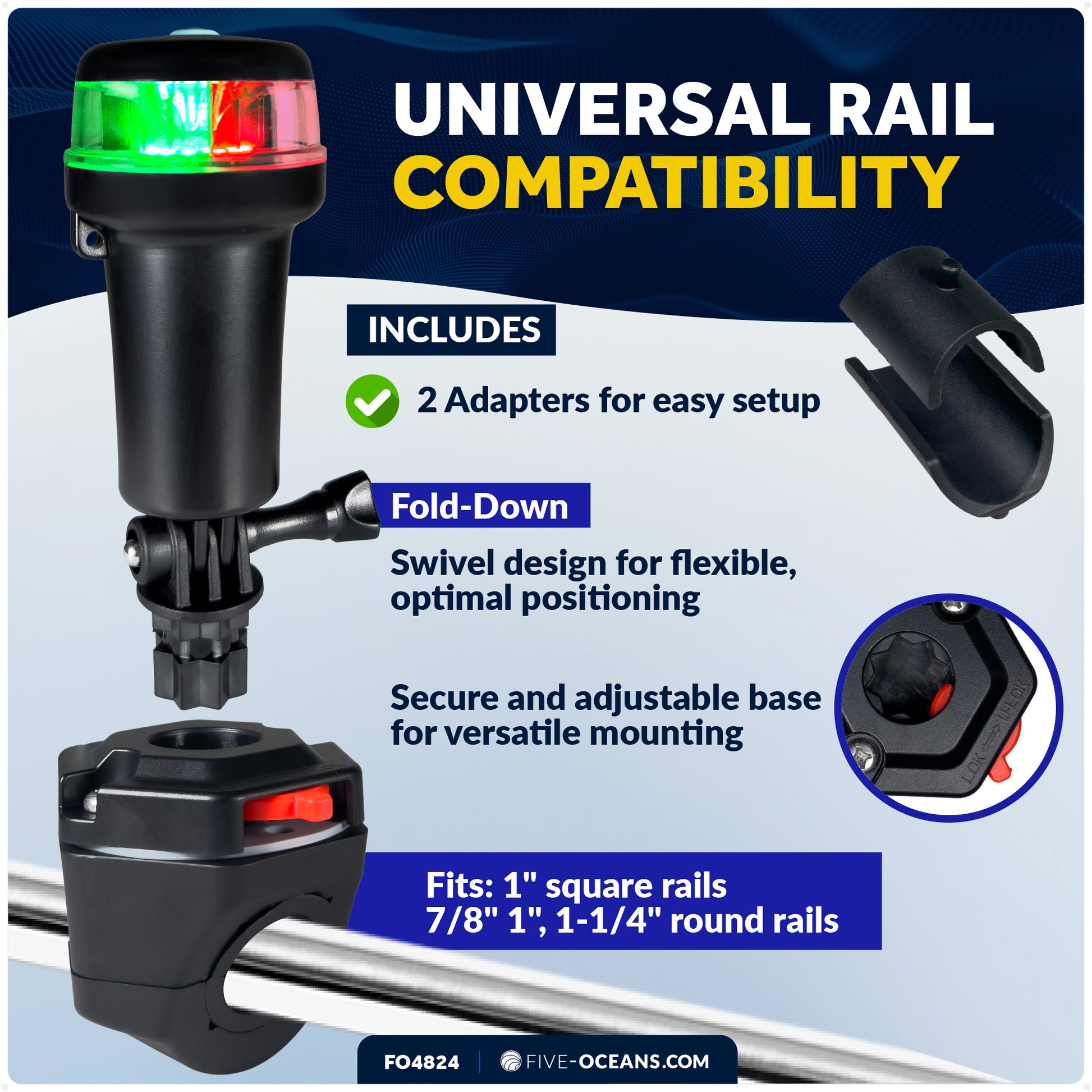 LED Portable Bi-Color Boat Navigation Light, Rail Mount Swivel Base, IP67 Waterproof, Battery-Powered - FO4824 - Five Oceans