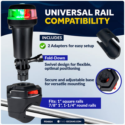 LED Bi-Color Navigation Light, Rail Mount, Fold-Down, Portable, 2NM - FO4824 - Five Oceans