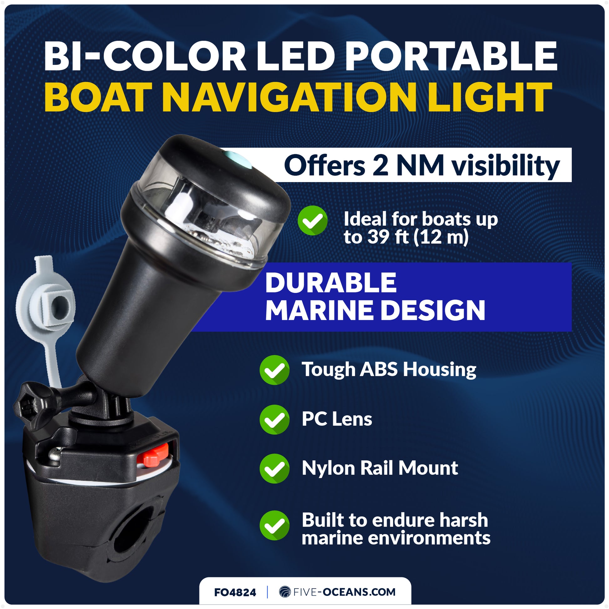 LED Portable Bi-Color Boat Navigation Light, Rail Mount Swivel Base, IP67 Waterproof, Battery-Powered - FO4824 - Five Oceans