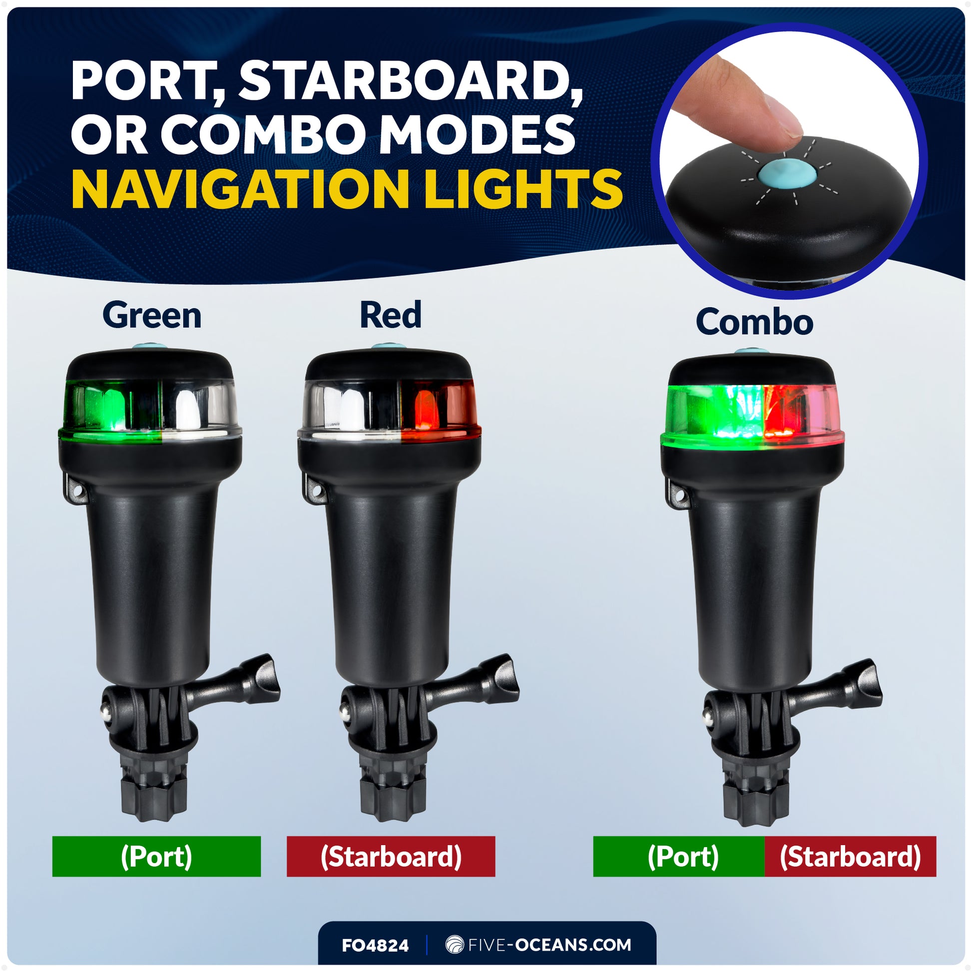 LED Portable Bi-Color Boat Navigation Light, Rail Mount Swivel Base, IP67 Waterproof, Battery-Powered - FO4824 - Five Oceans