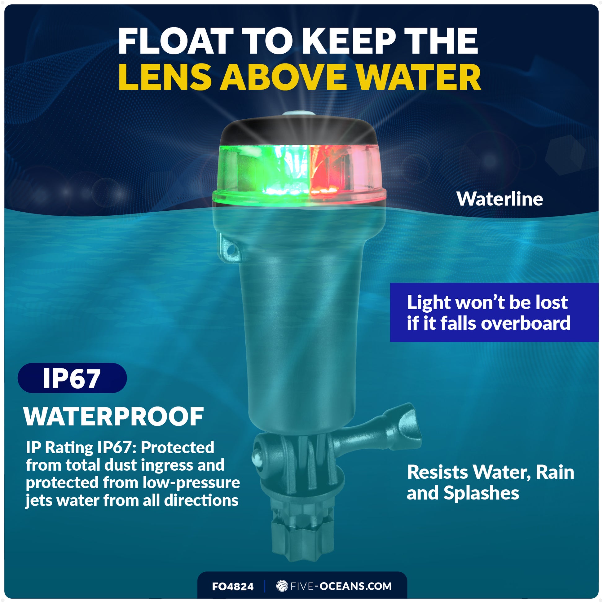 LED Portable Bi-Color Boat Navigation Light, Rail Mount Swivel Base, IP67 Waterproof, Battery-Powered - FO4824 - Five Oceans