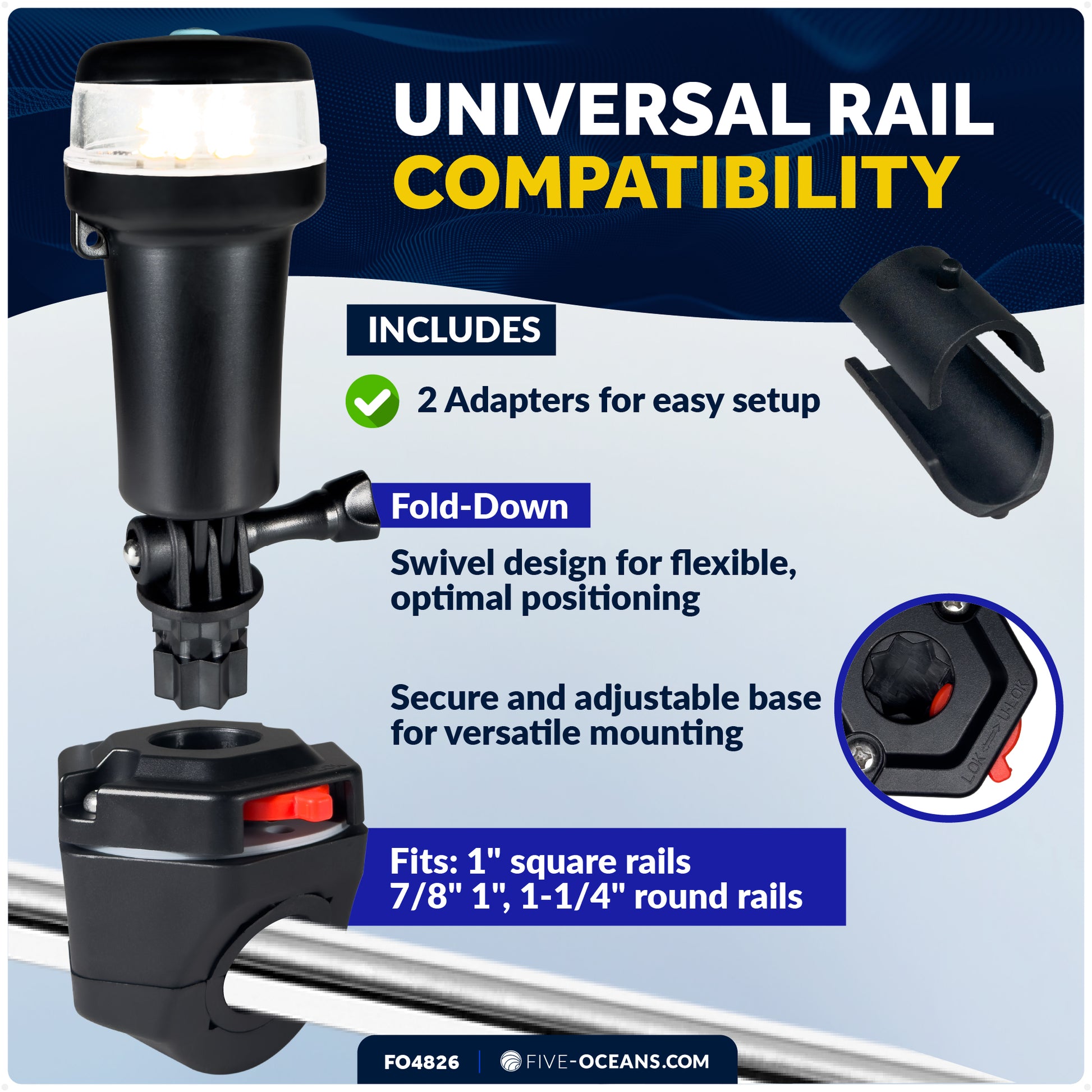 LED Portable All-Round Boat Navigation Light, Rail Mount Swivel Base, IP67 Waterproof, Battery-Powered - FO4826 - Five Oceans