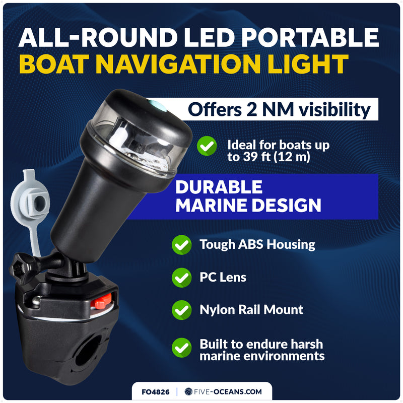 LED Anchor Navigation Light, Fold-Down, Rail Mount, Battery-Powered - 2NM - FO4826 - Five Oceans
