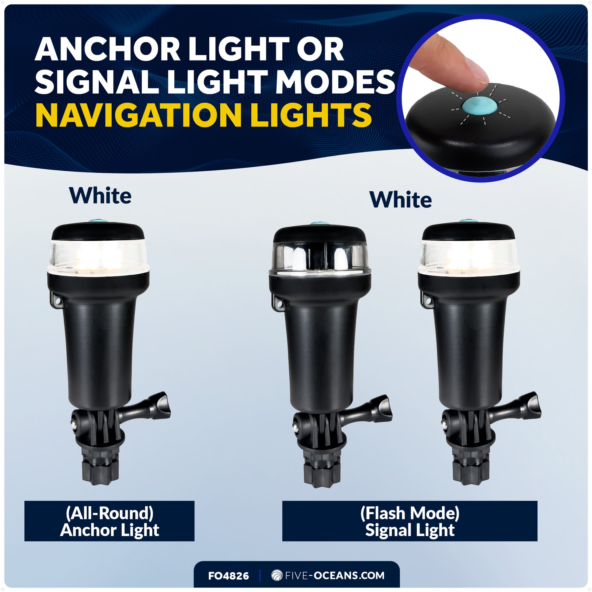 LED Portable All-Round Boat Navigation Light, Rail Mount Swivel Base, IP67 Waterproof, Battery-Powered - FO4826 - Five Oceans