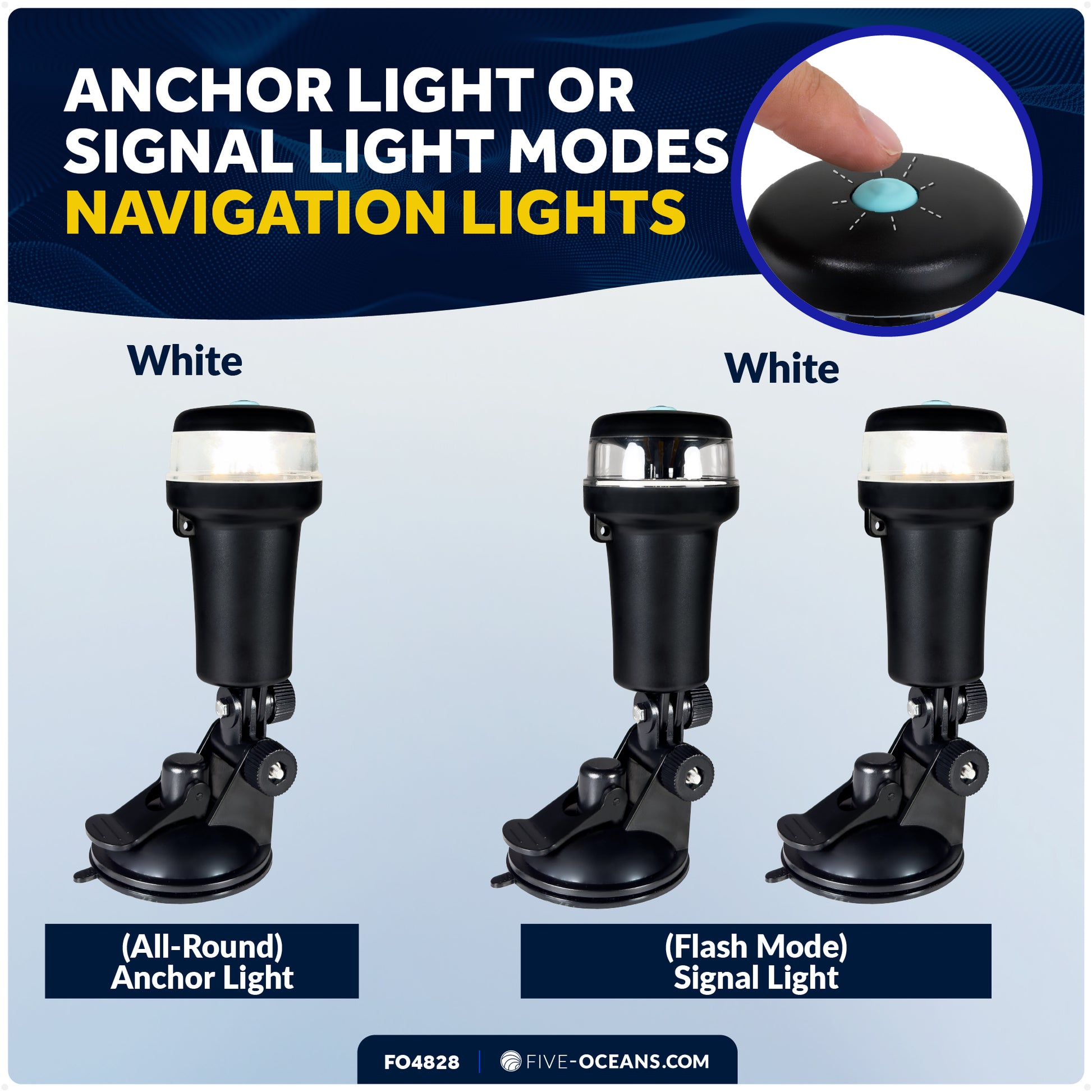 LED Portable All-Round Boat Navigation Light, Suction Cup Base, IP67 Waterproof, Battery-Powered - FO4828 - Five Oceans