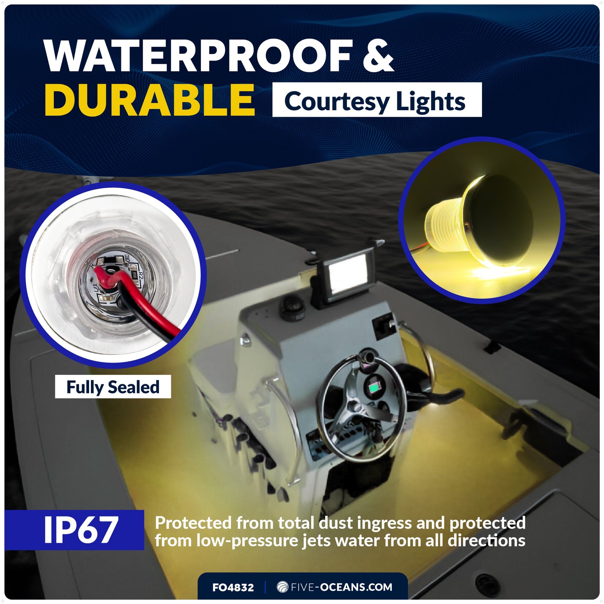 1-5/16-Inch Round LED Courtesy Lights, Warm White 16LM, IP67 Waterproof, 12V, 4-Pack - FO4832 - Five Oceans