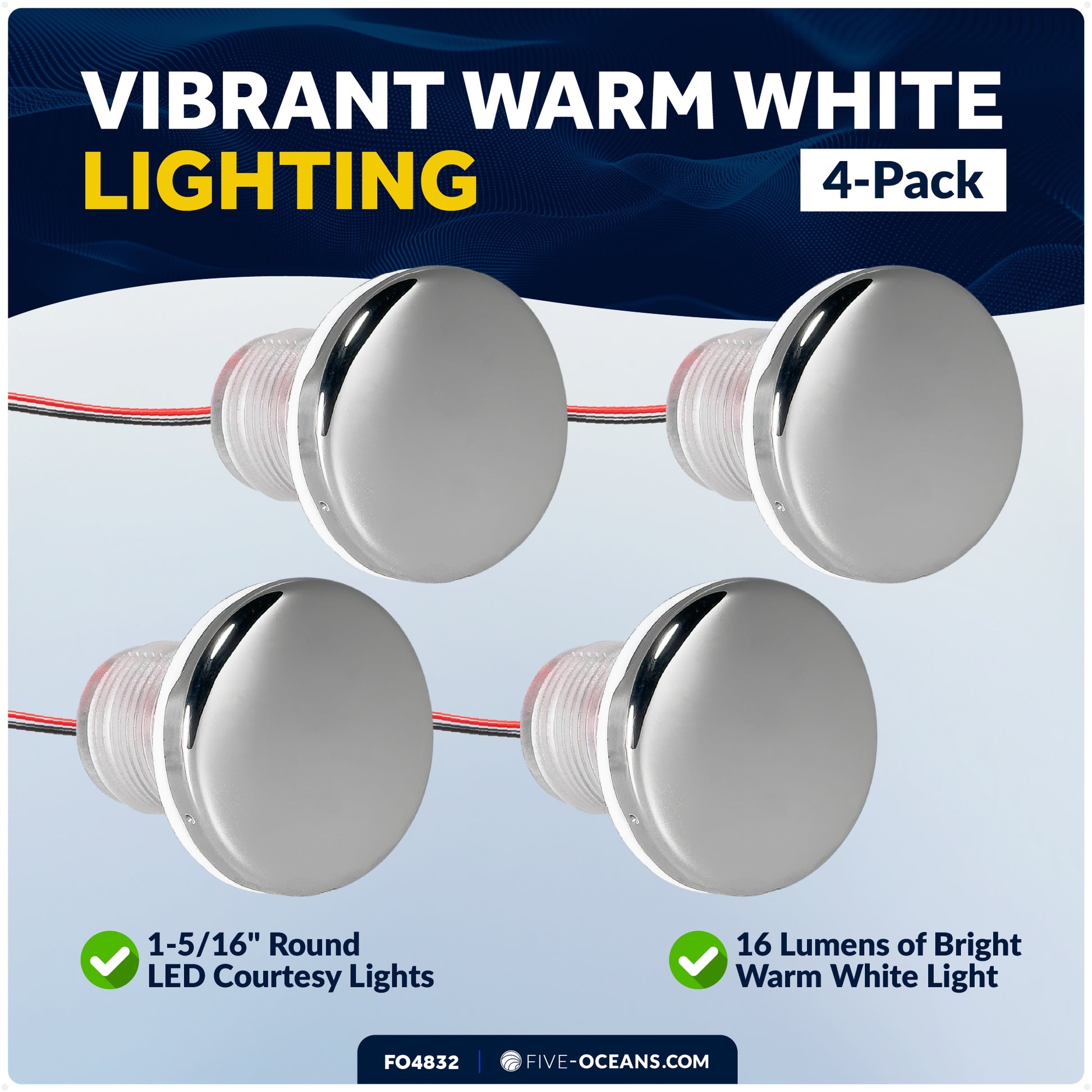 1-5/16-Inch Round LED Courtesy Lights, Warm White 16LM, IP67 Waterproof, 12V, 4-Pack - FO4832 - Five Oceans