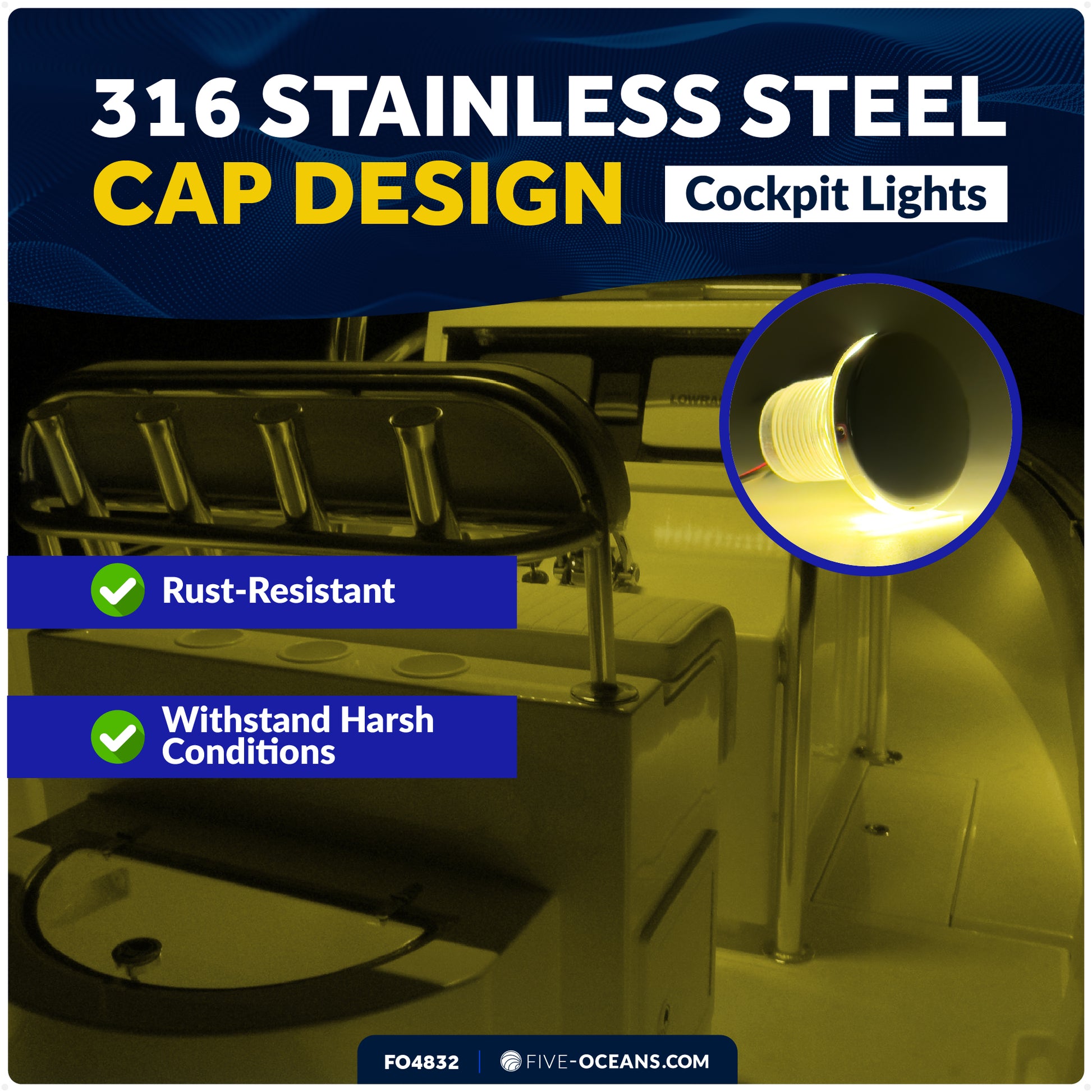 1-5/16-Inch Round LED Courtesy Lights, Warm White 16LM, IP67 Waterproof, 12V, 4-Pack - FO4832 - Five Oceans