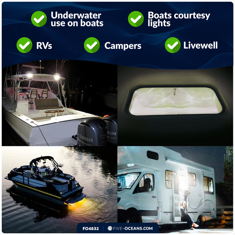 1-5/16" Round LED Thru-Hull Livewell / Courtesy Light, Warm White 16LM, 12V, 4-Pack - FO4832 - Five Oceans