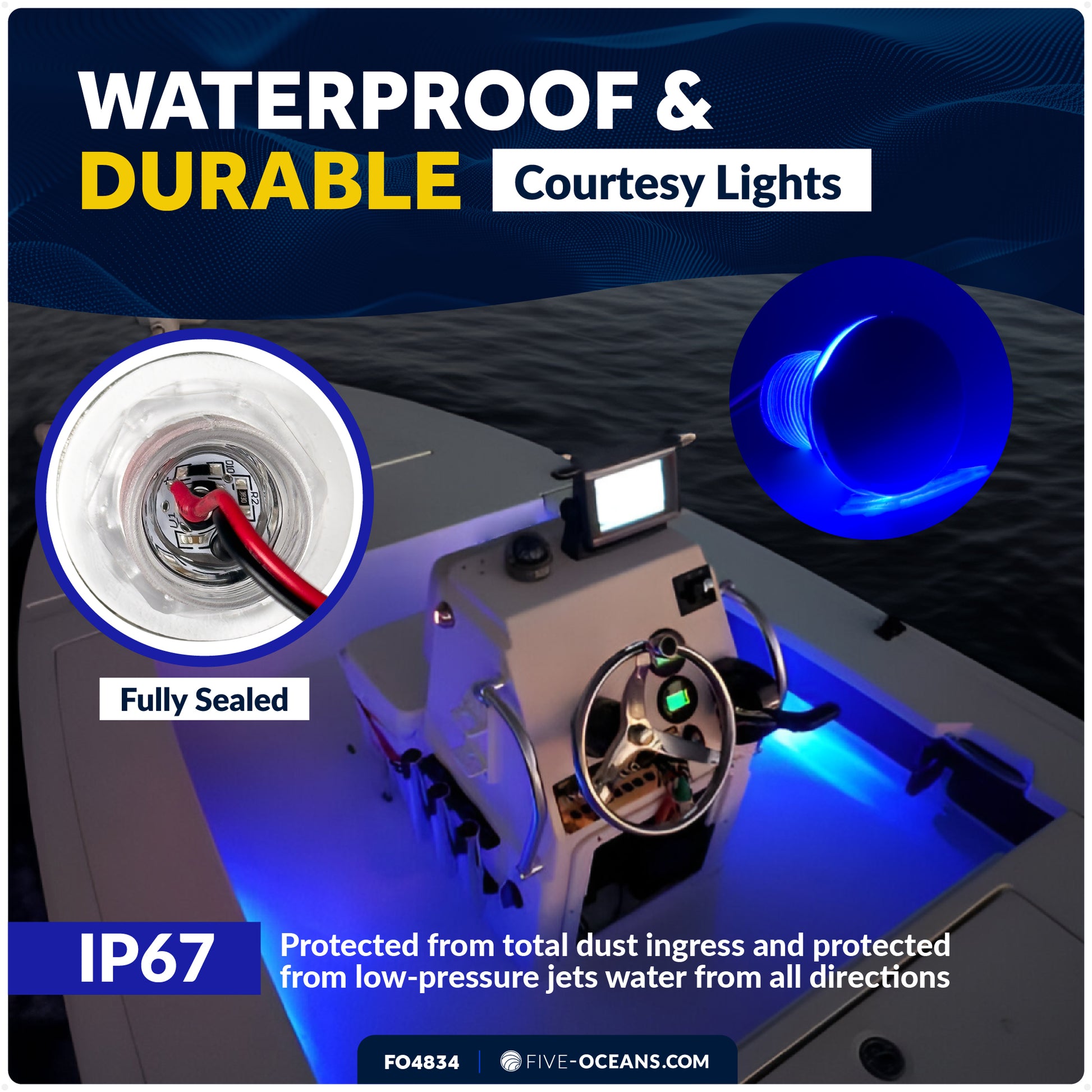 1-5/16-Inch Round LED Courtesy Lights, Blue 3LM, IP67 Waterproof, 12V, 4-Pack - FO4834 - Five Oceans