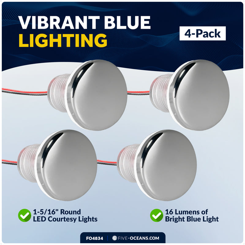 1-5/16" Round LED Thru-Hull Livewell / Courtesy Light, Blue 3LM, 12V, 4-Pack - FO4834 - Five Oceans